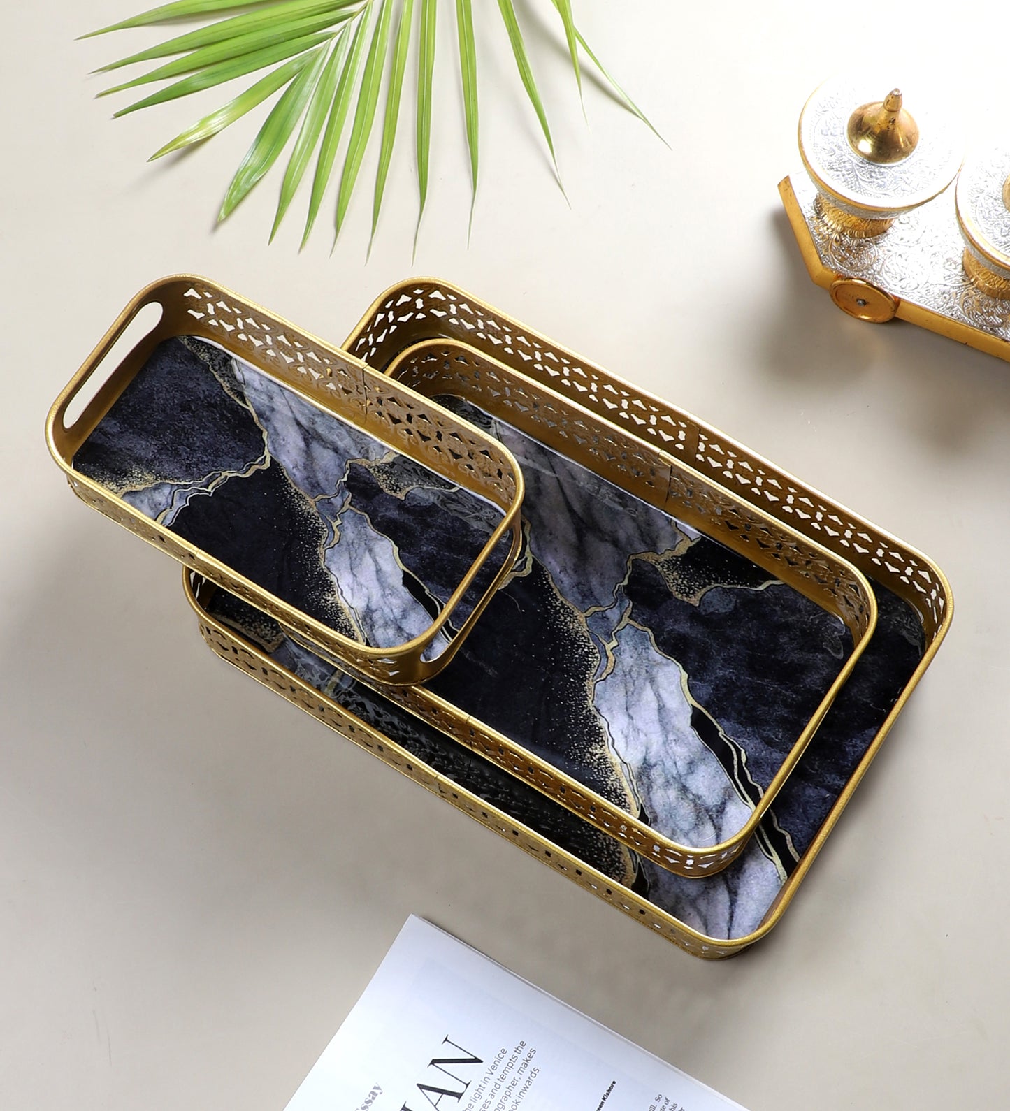 Rectangular Black & Gold Wavy Meena Tray Set of 3