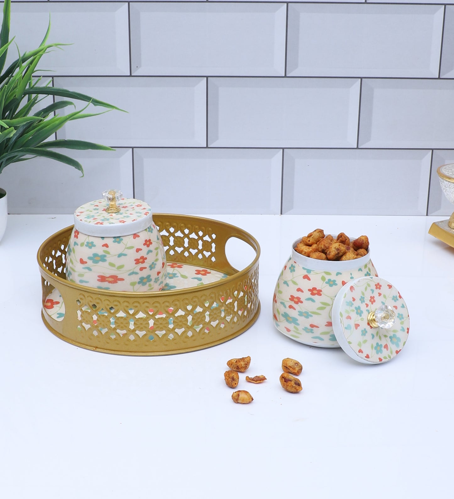 Pink & Green FLower Round Basket With Jar Set of 3