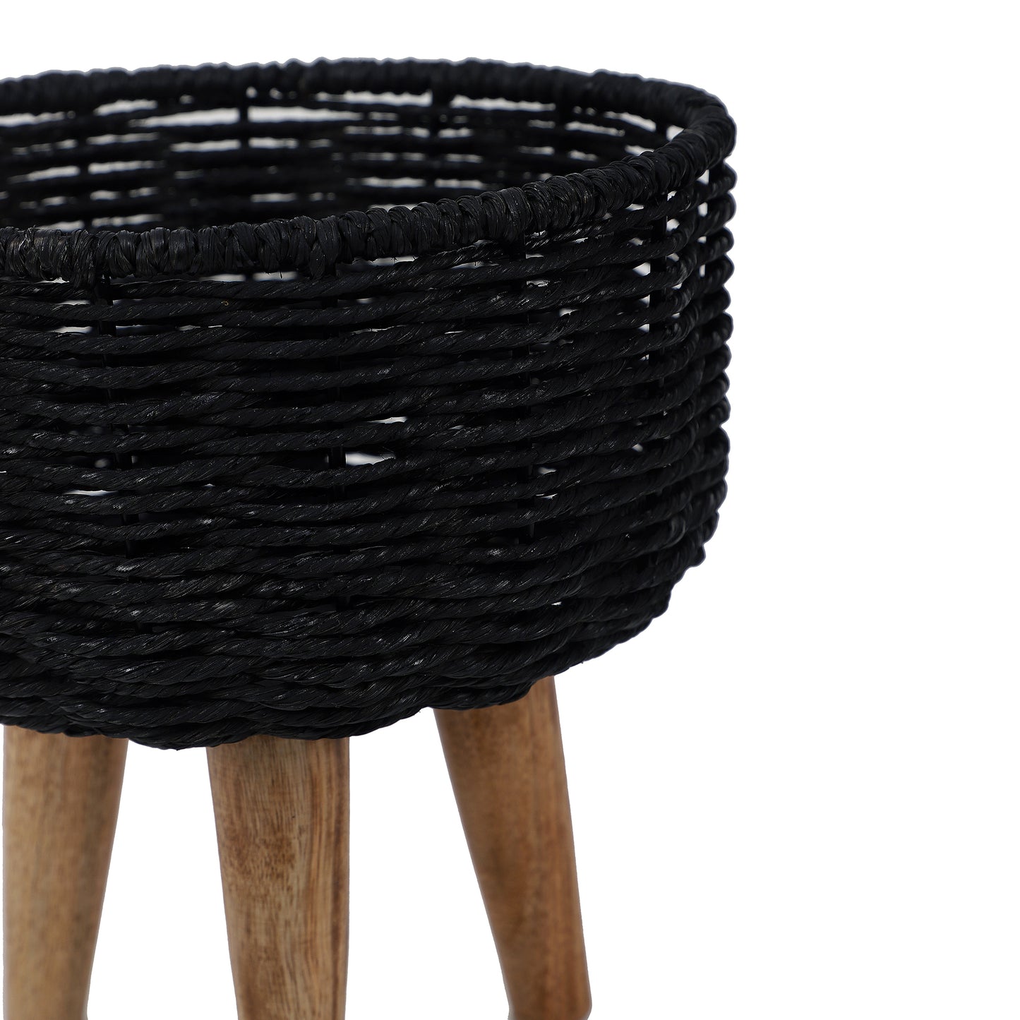 Jute & Metal Black Planter Set with Wooden Legs Set of 3