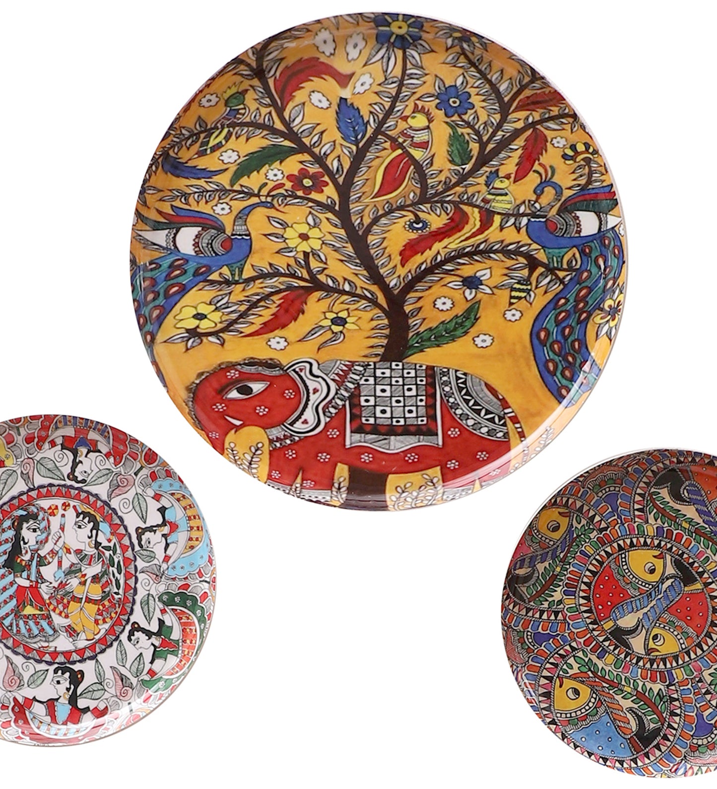 Elephant & Fish Metal & Meena Wall Plates Set of 3