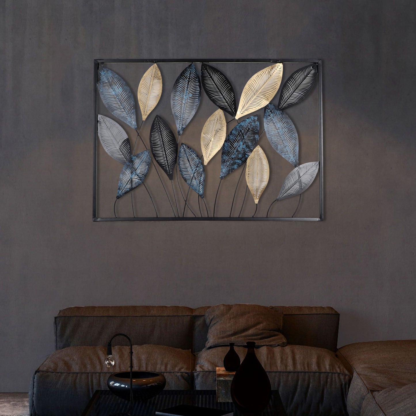 Rectangular Etching Black, Gold & Green Leaves Wall Décor