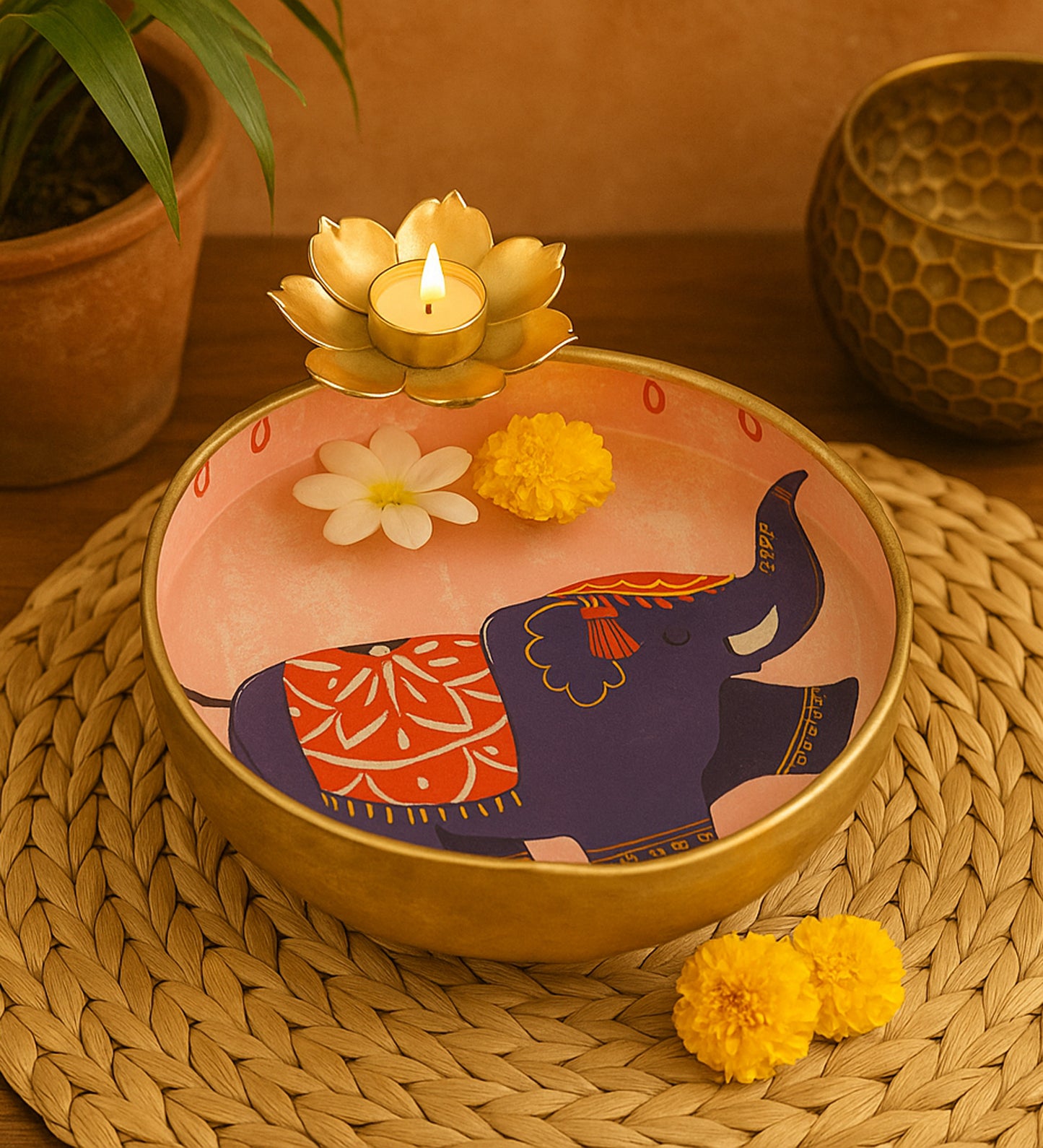 Elephant Meena Urli Bowl With Flowers