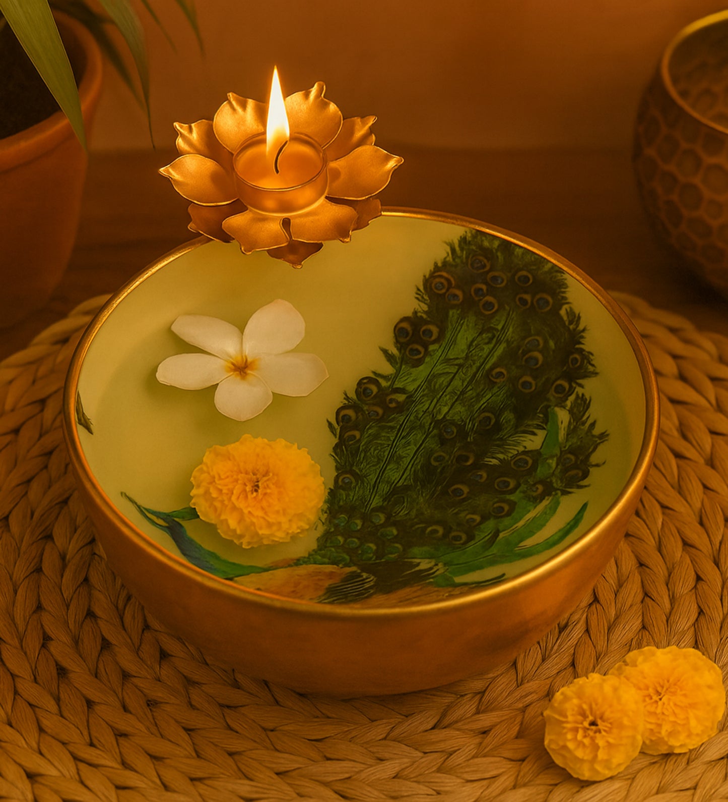 Green Peacock Meena Urli Bowl With Flowers