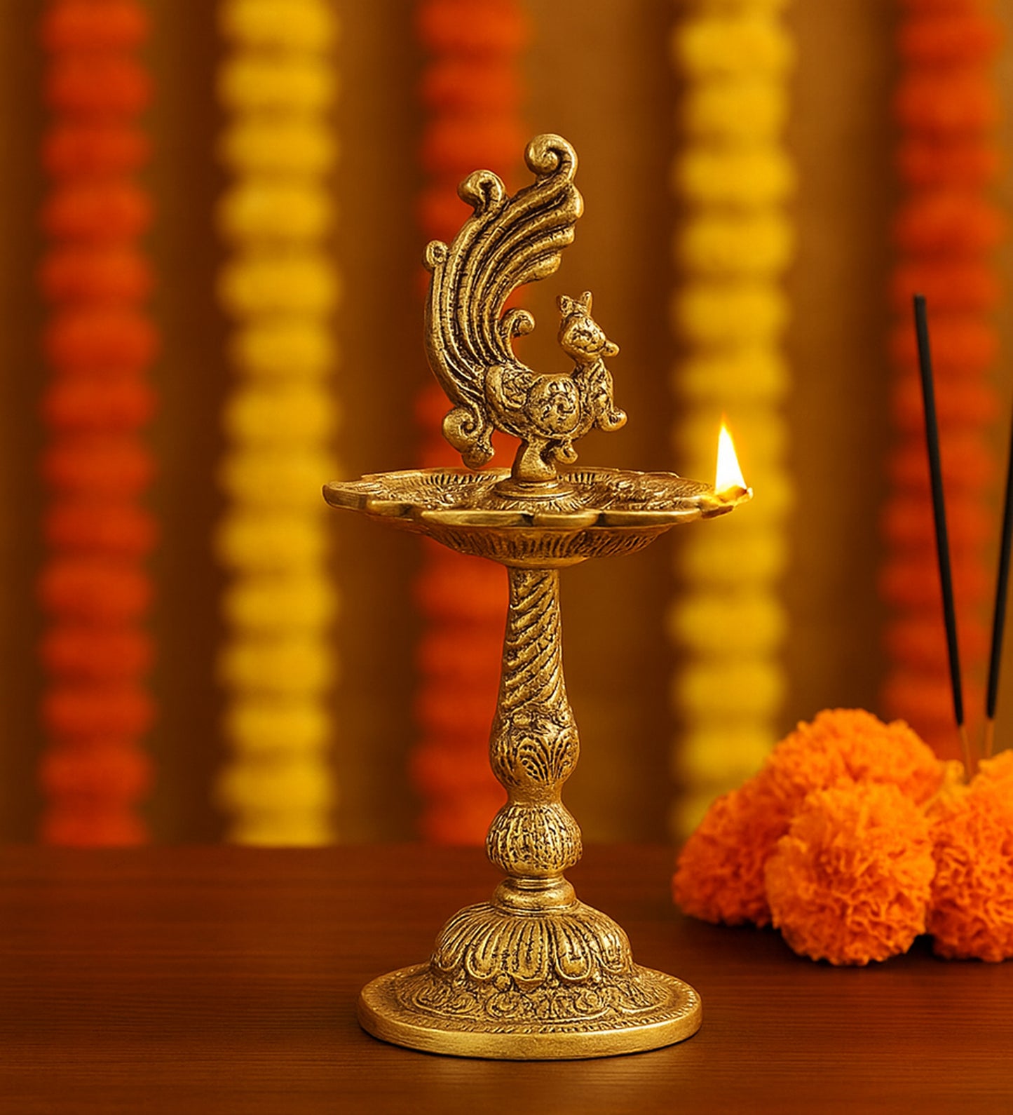 Gold Peacock Akhand Jyot Dia