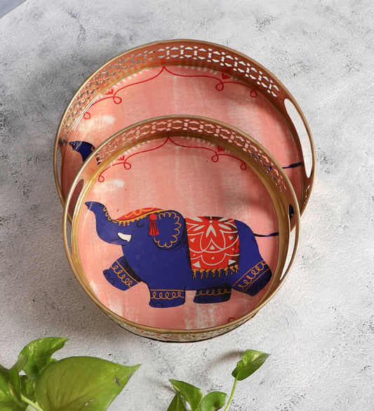 Pink Elephant Pichwai Tray Set of 2