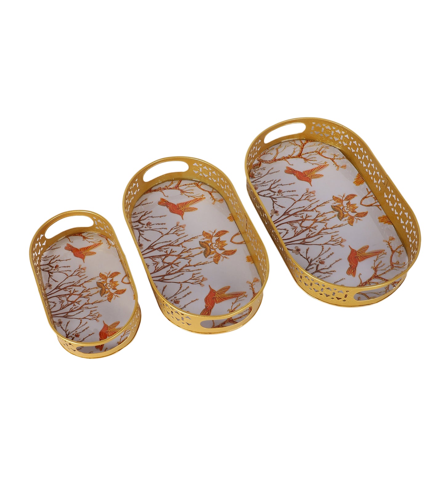 Oval Pink & Gold Wavy Design Meena Tray Set of 3