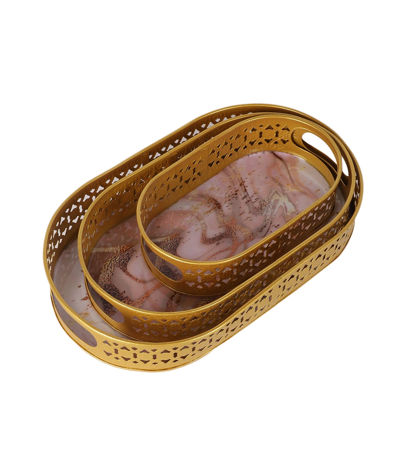 Oval Gold Tree & Bird Meena Tray Set of 3