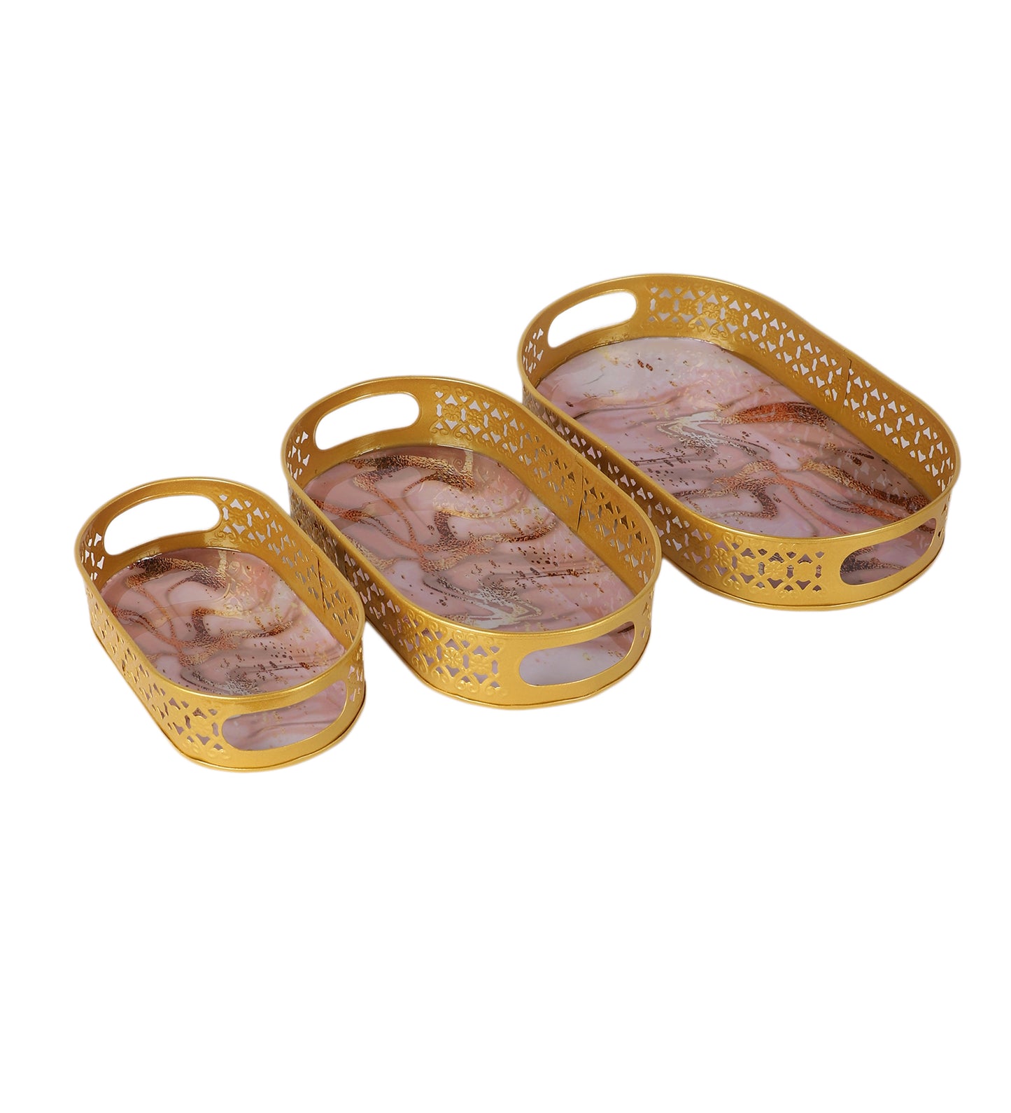 Oval Gold Tree & Bird Meena Tray Set of 3