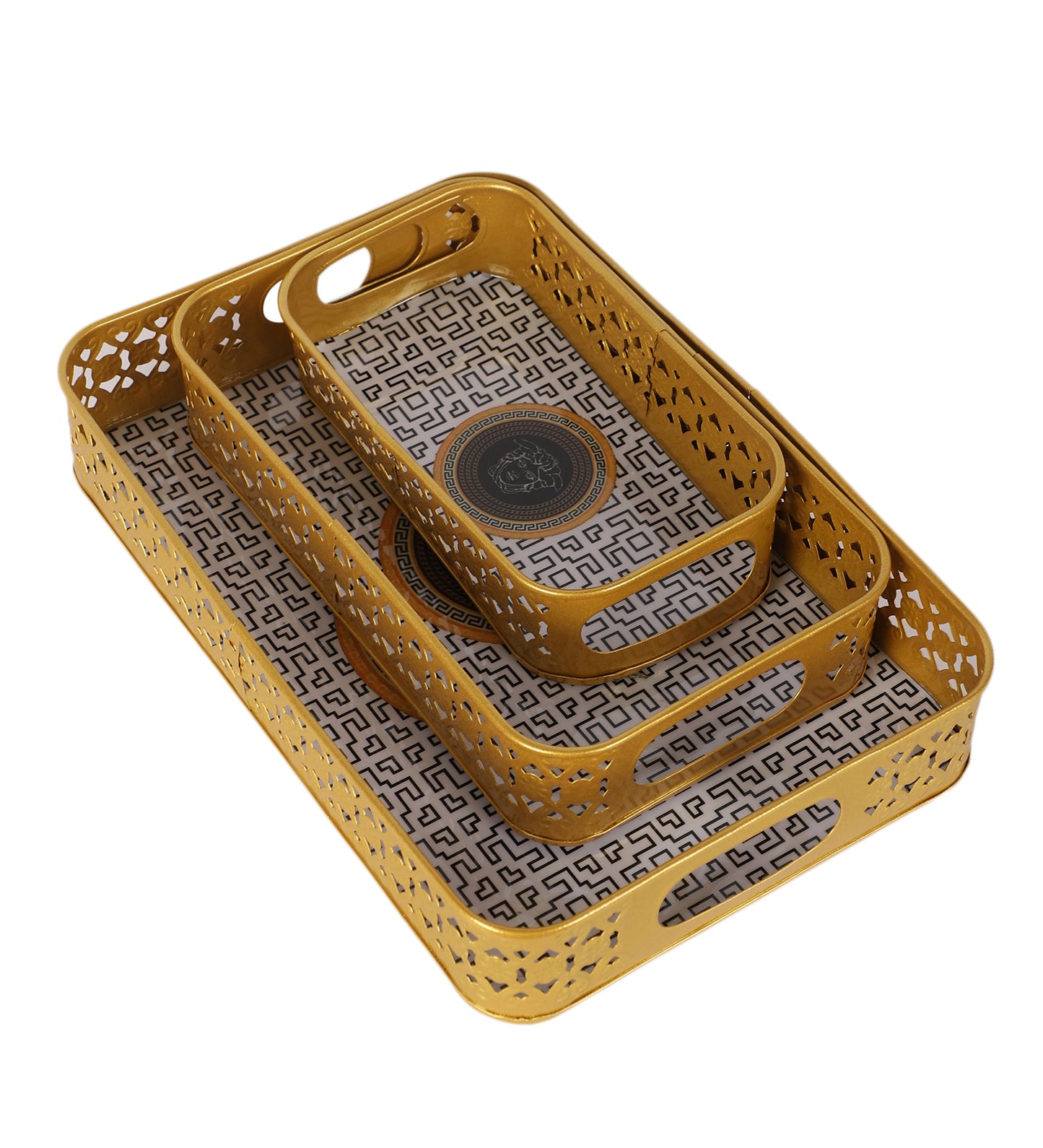 Rectangular Black & Gold Blocks Meena Tray Set of 3