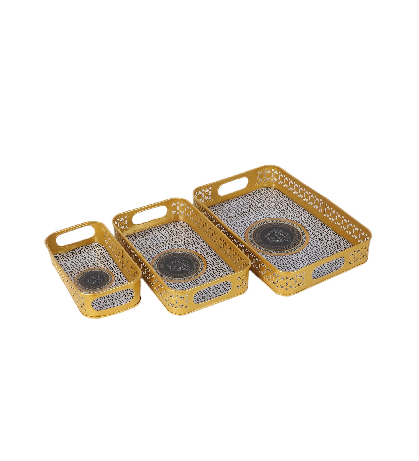 Rectangular Black & Gold Blocks Meena Tray Set of 3