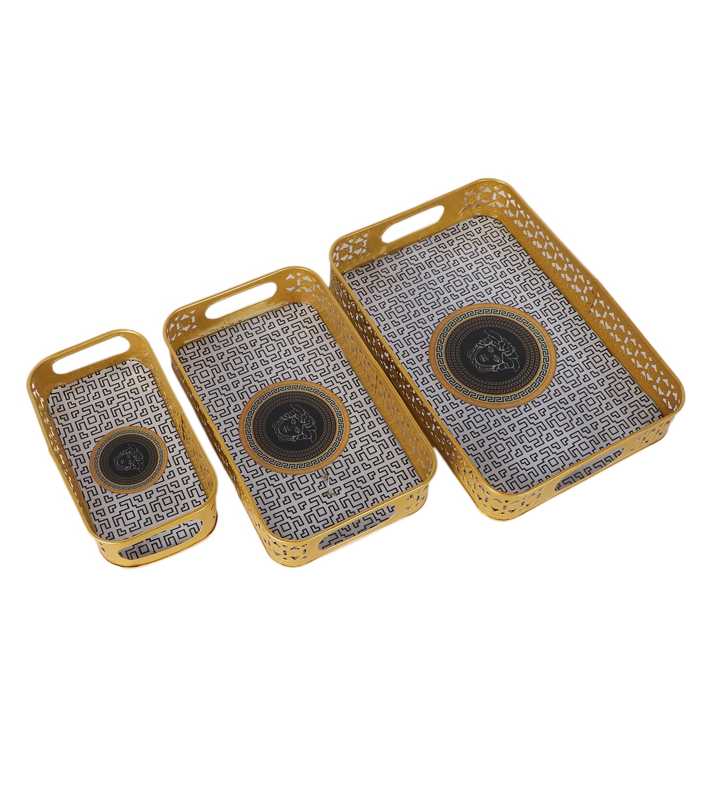 Rectangular Black & Gold Blocks Meena Tray Set of 3