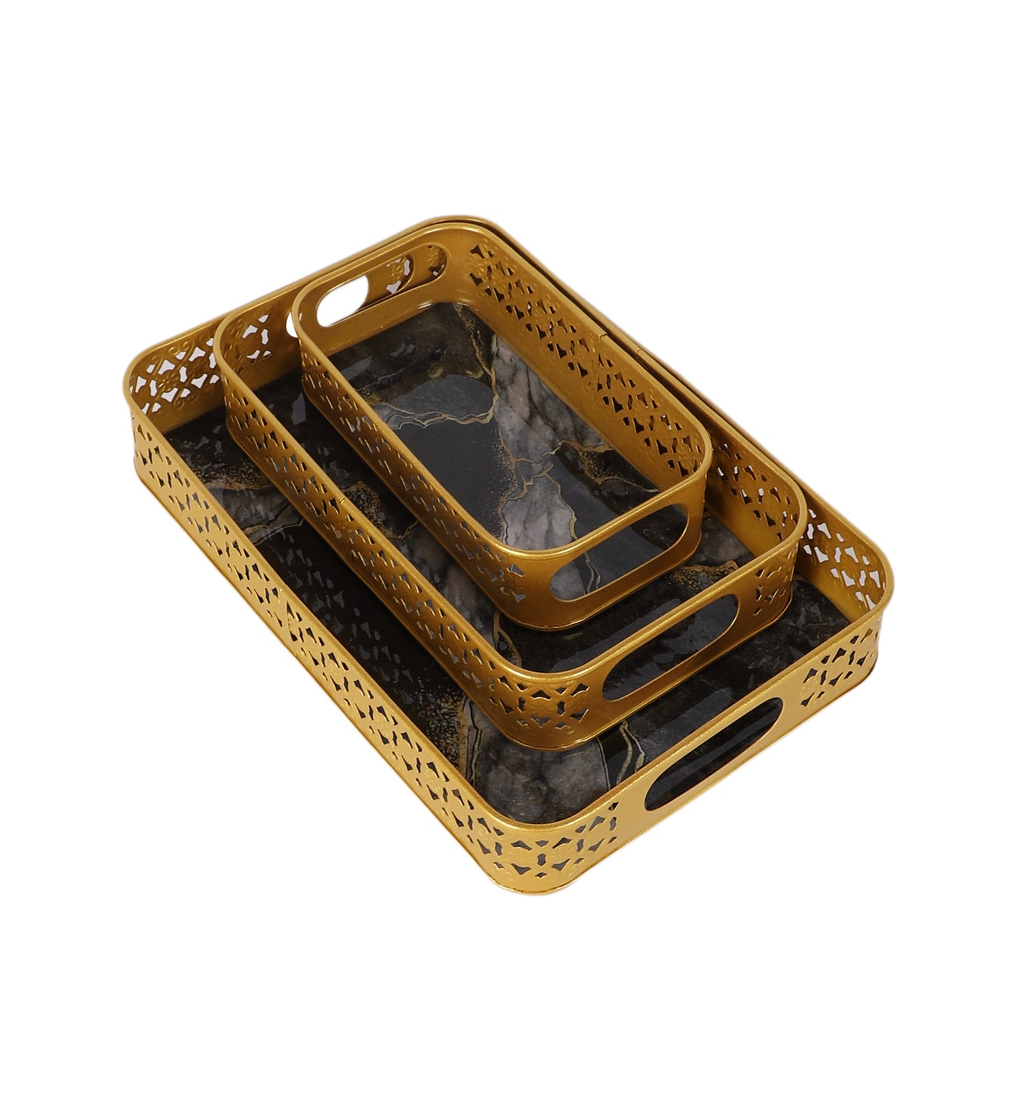 Rectangular Black & Gold Wavy Meena Tray Set of 3