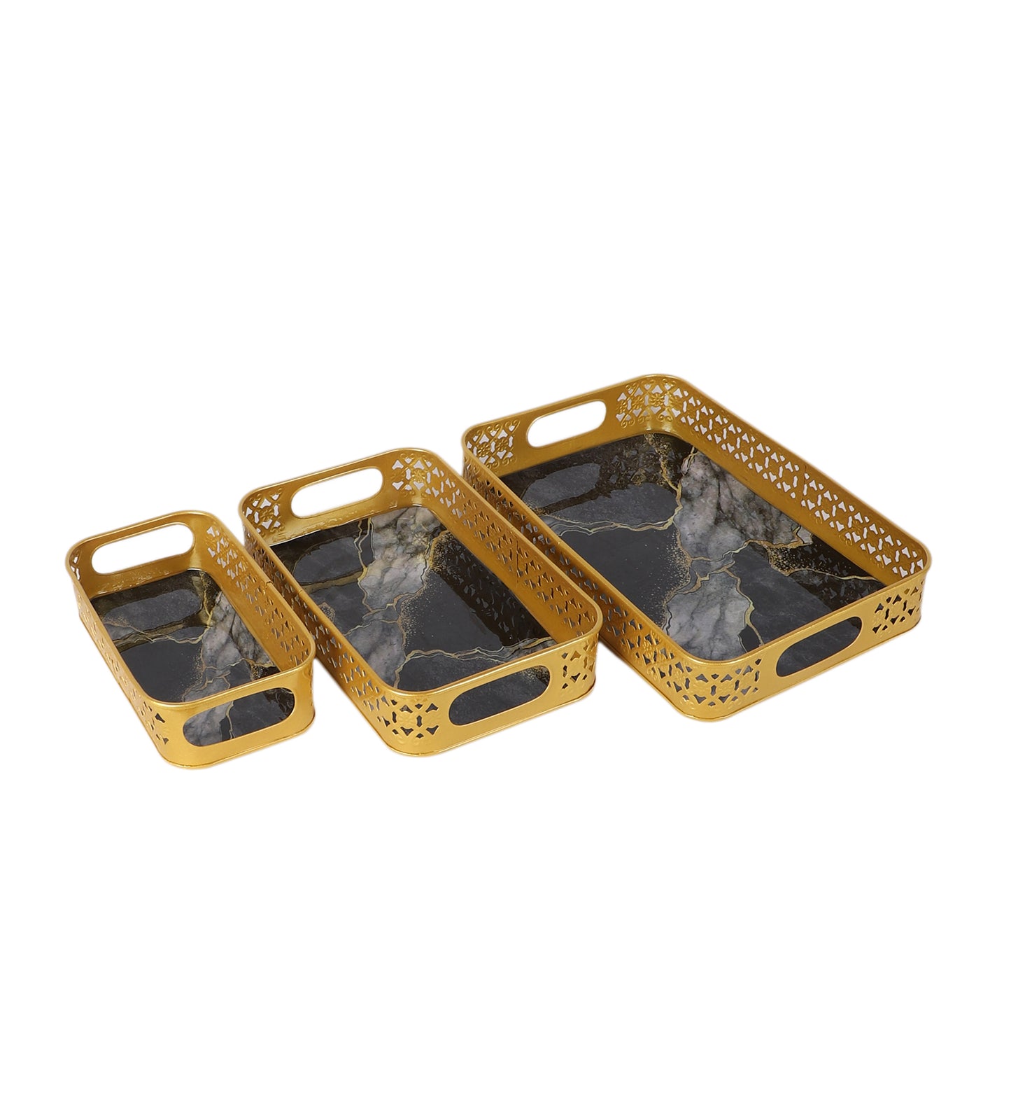 Rectangular Black & Gold Wavy Meena Tray Set of 3