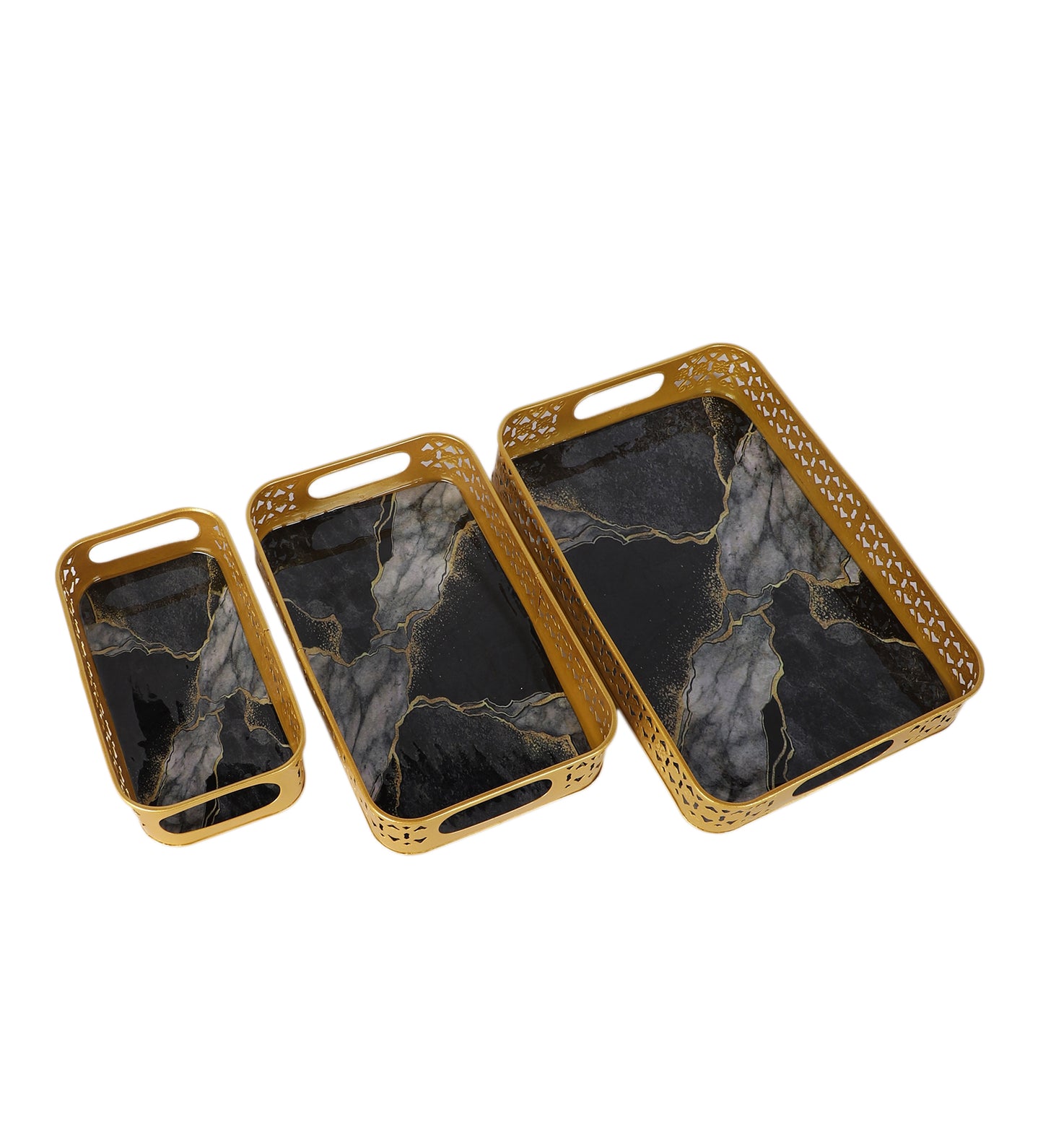 Rectangular Black & Gold Wavy Meena Tray Set of 3