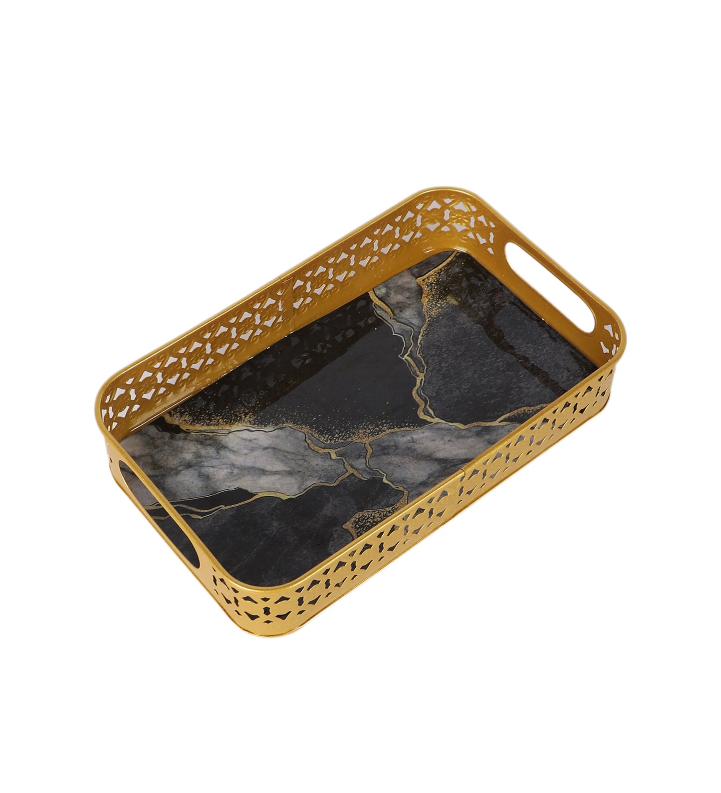 Rectangular Black & Gold Wavy Meena Tray Set of 3