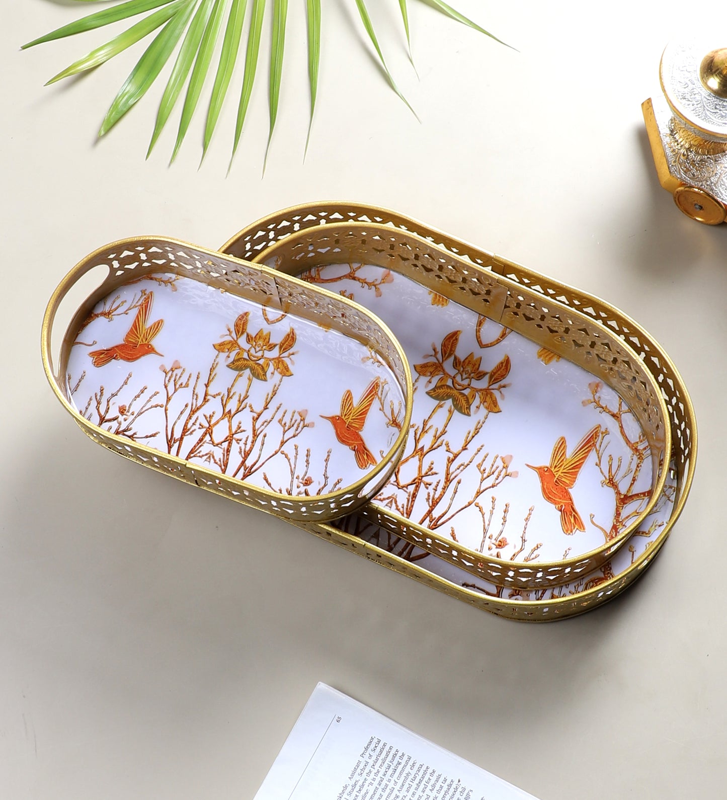Oval Gold Tree & Bird Meena Tray Set of 3