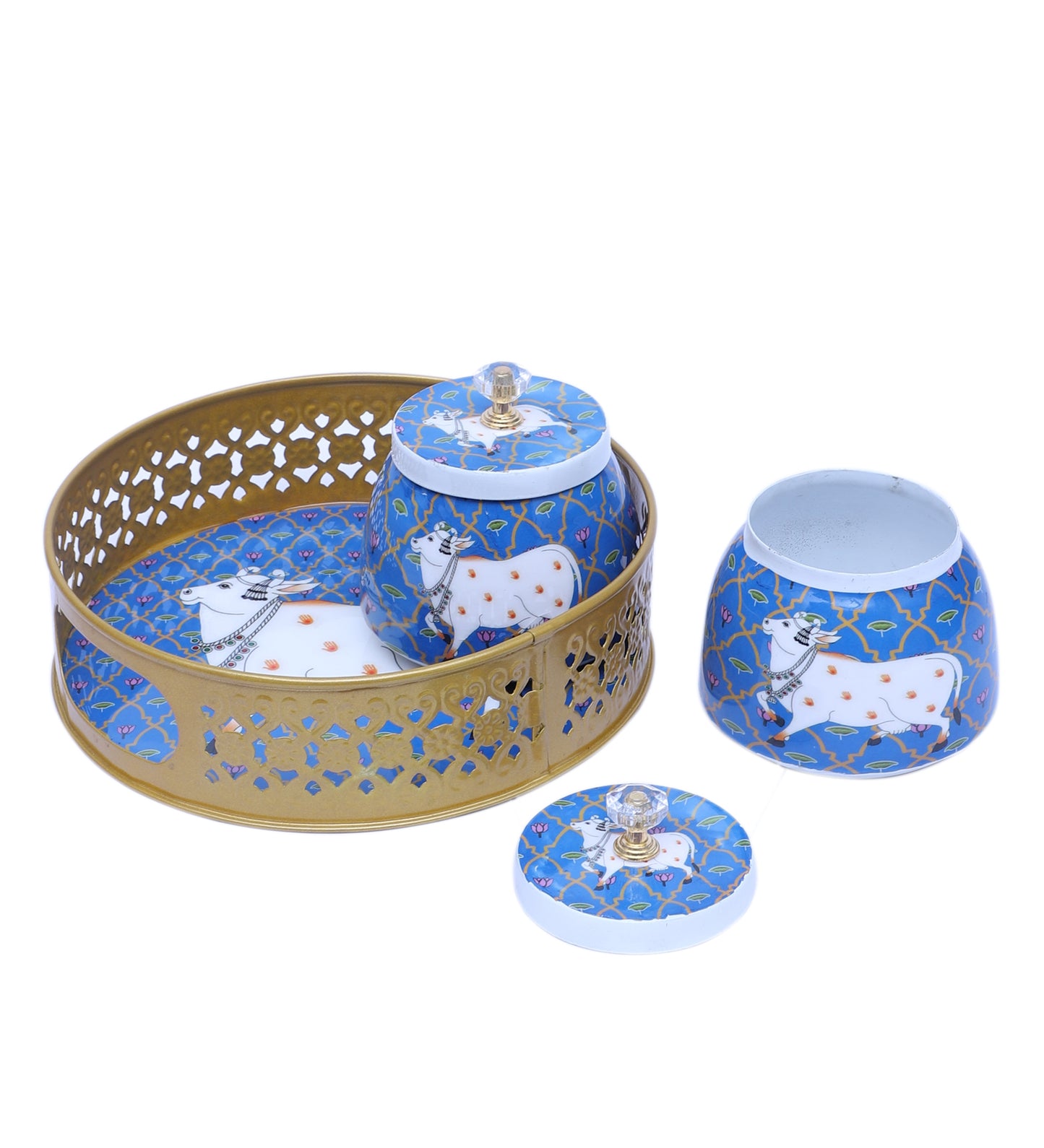 Blue & White Cow Round Basket With Jar Set of 3
