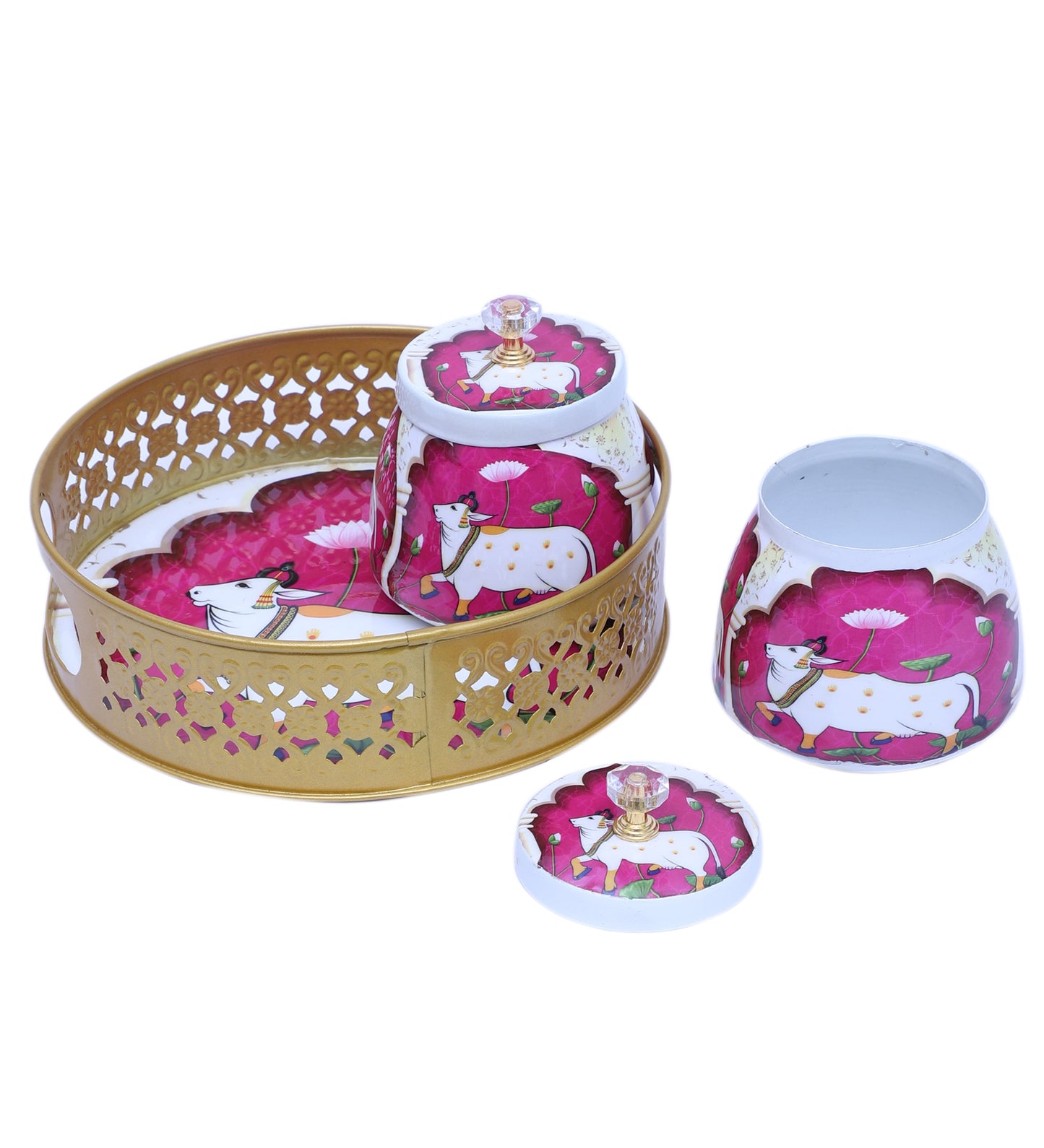 Pink & White Cow Round Basket With Jar Set of 3