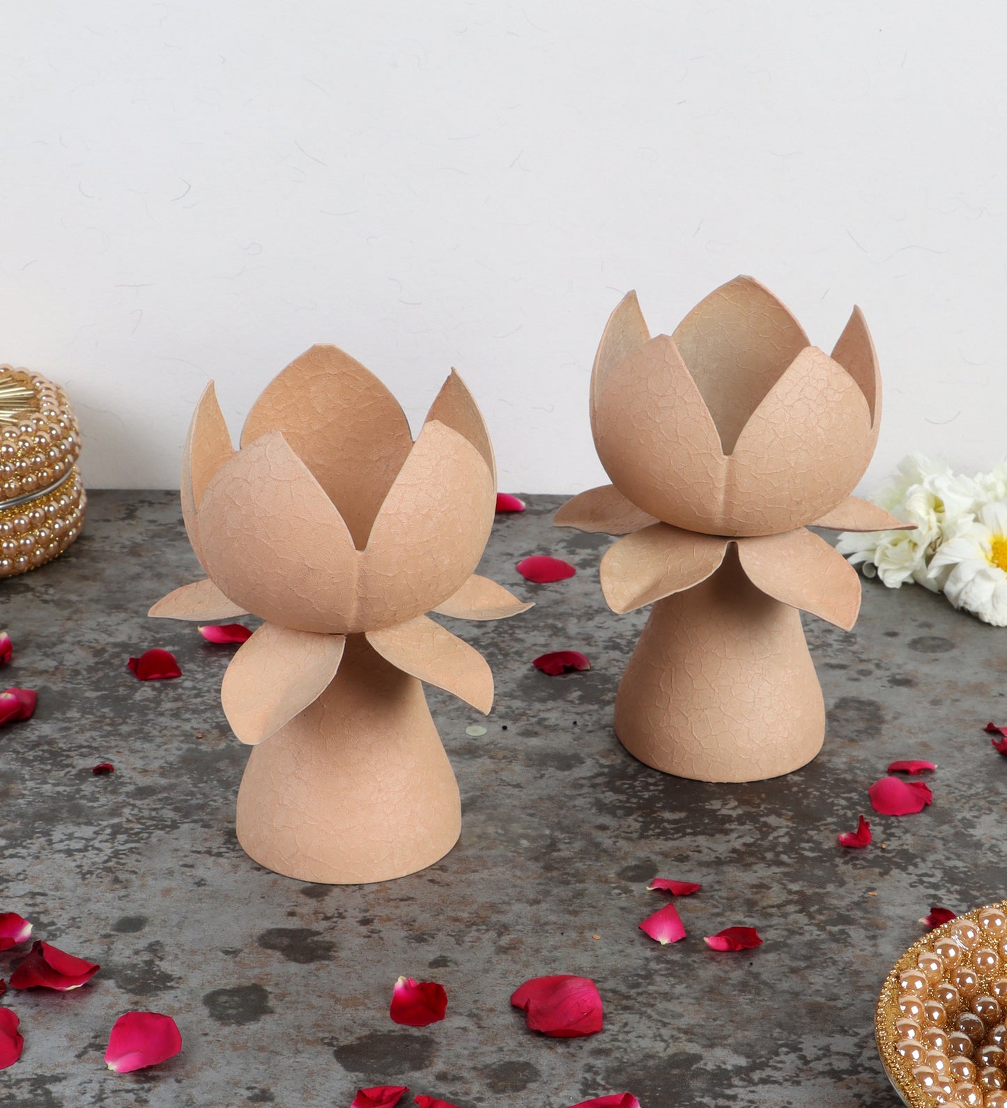 Biege Textured Lotus Tealight Holder Set of 2