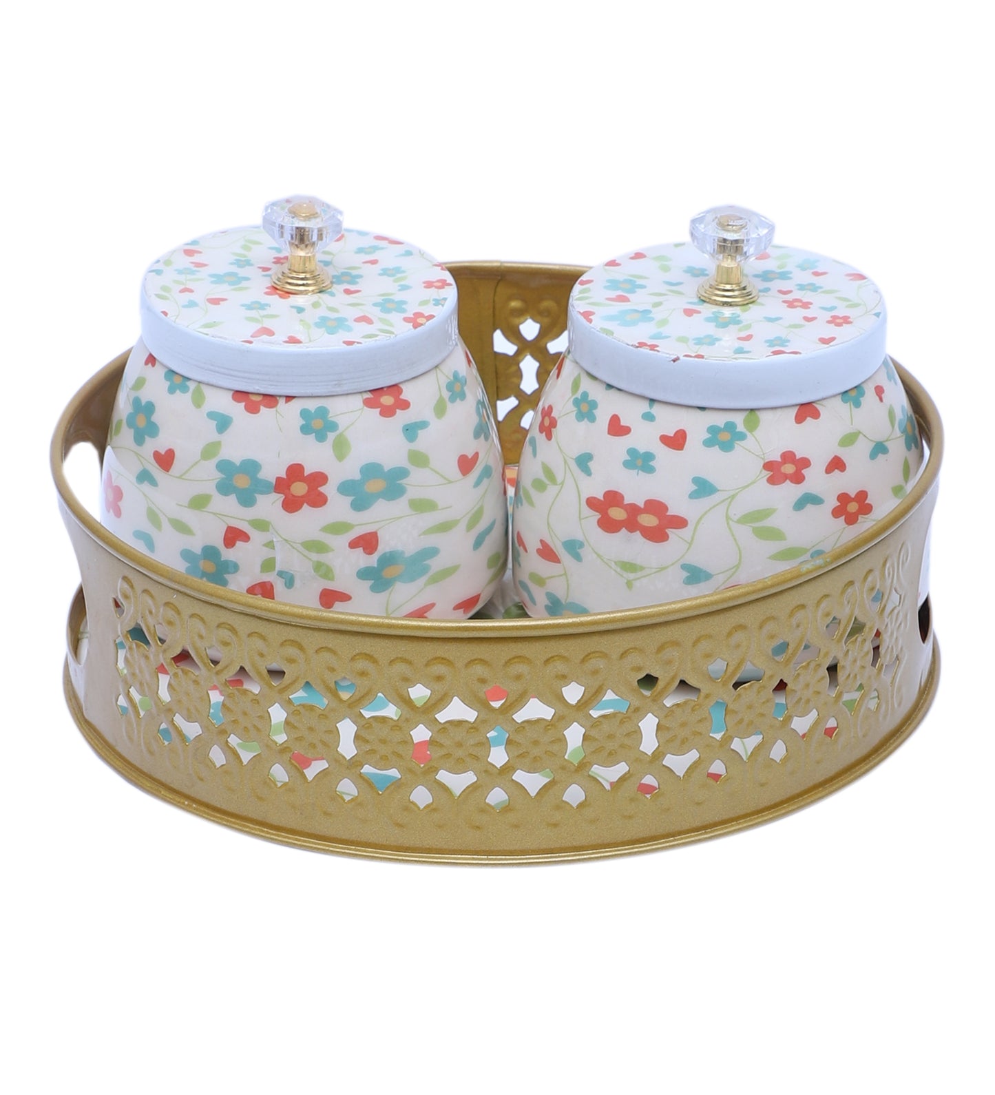 Pink & Green FLower Round Basket With Jar Set of 3