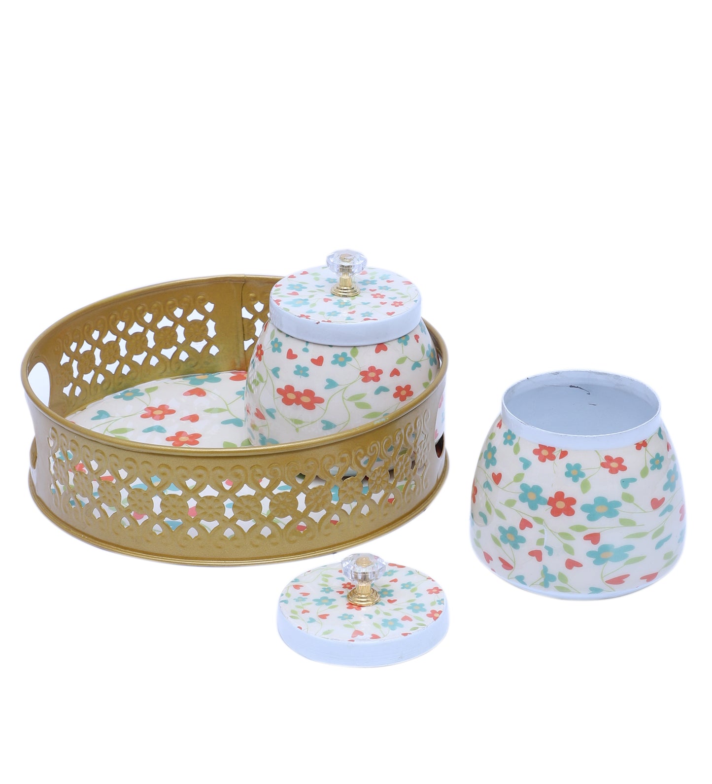 Pink & Green FLower Round Basket With Jar Set of 3