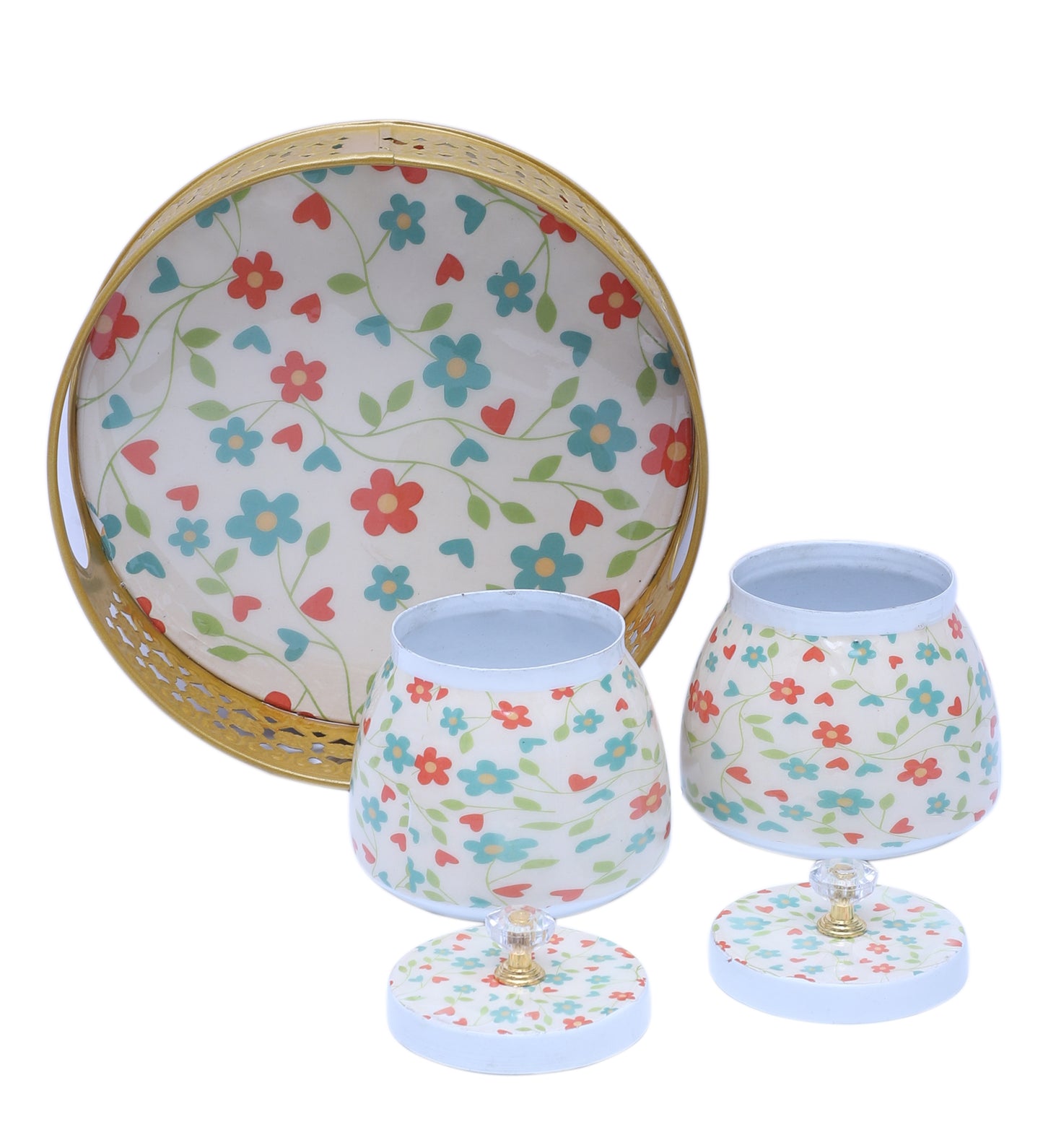 Pink & Green FLower Round Basket With Jar Set of 3