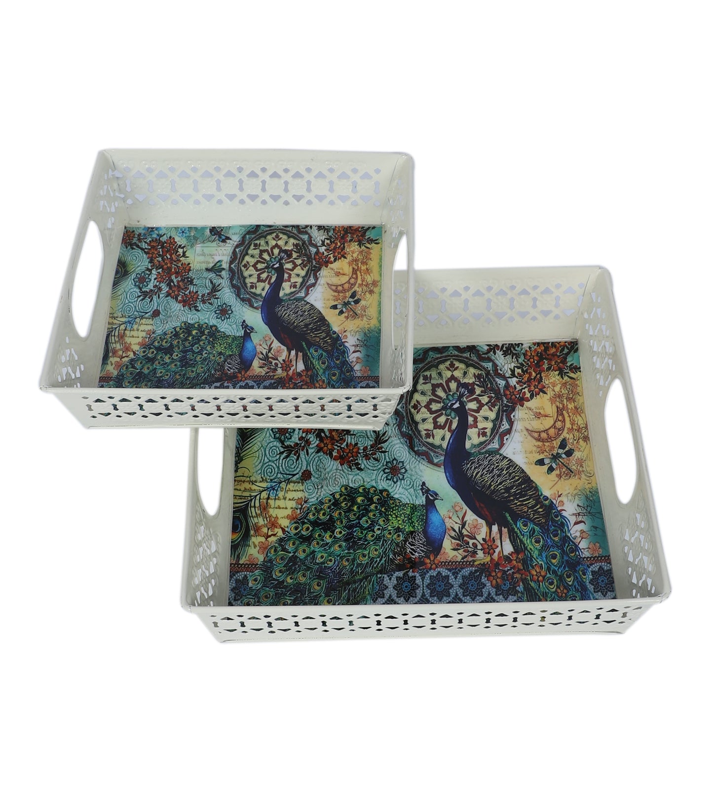 Multicolor Peacock White Tray Set  of 2