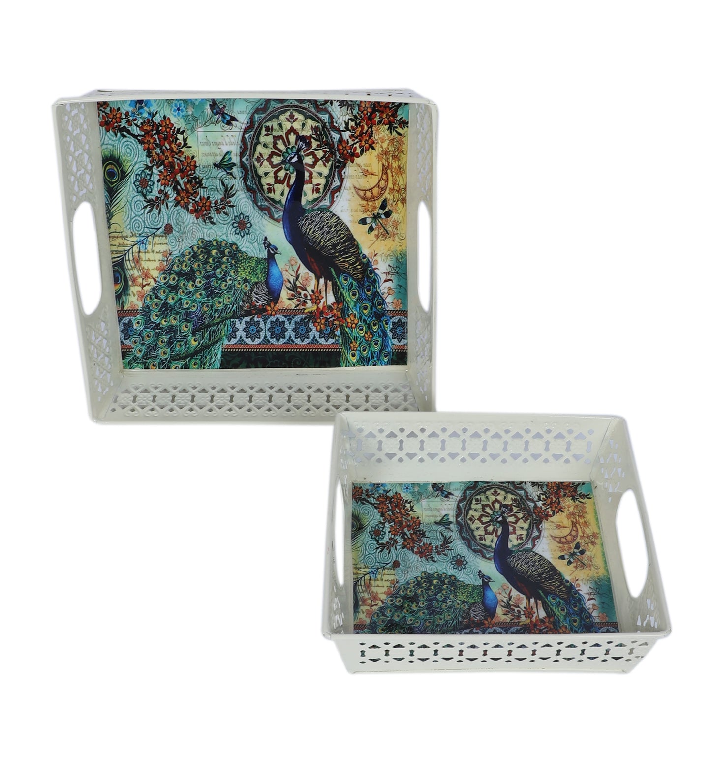 Multicolor Peacock White Tray Set  of 2