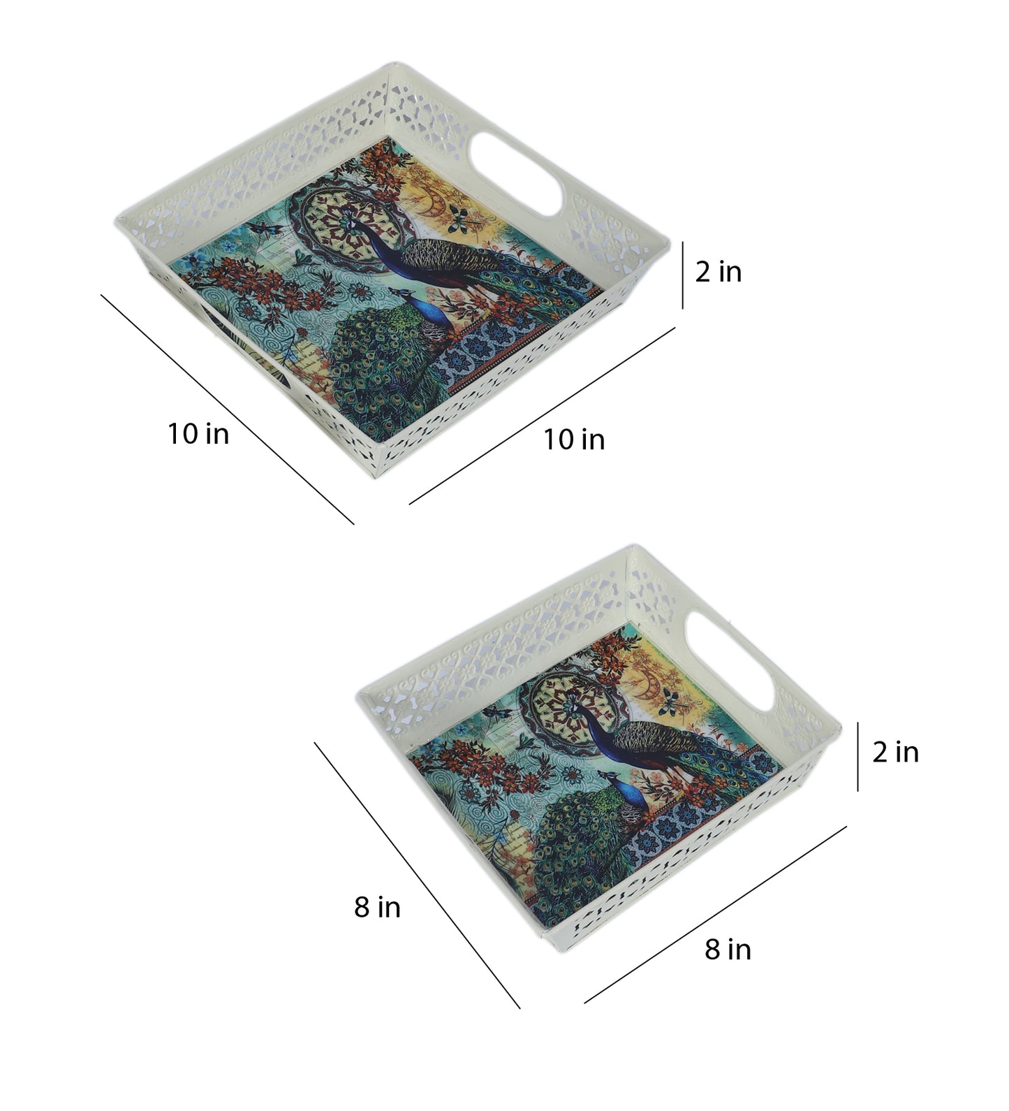 Multicolor Peacock White Tray Set  of 2