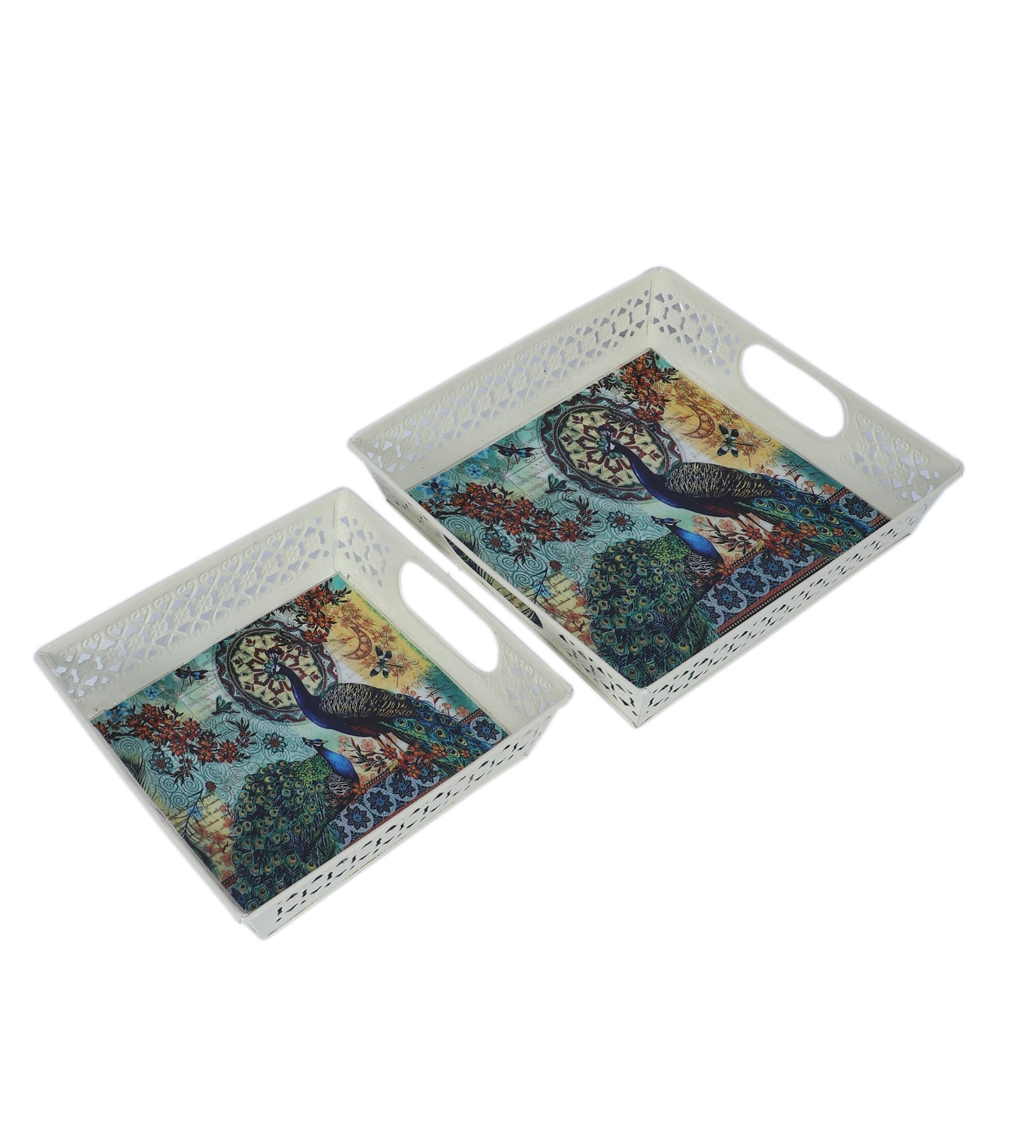 Multicolor Peacock White Tray Set  of 2