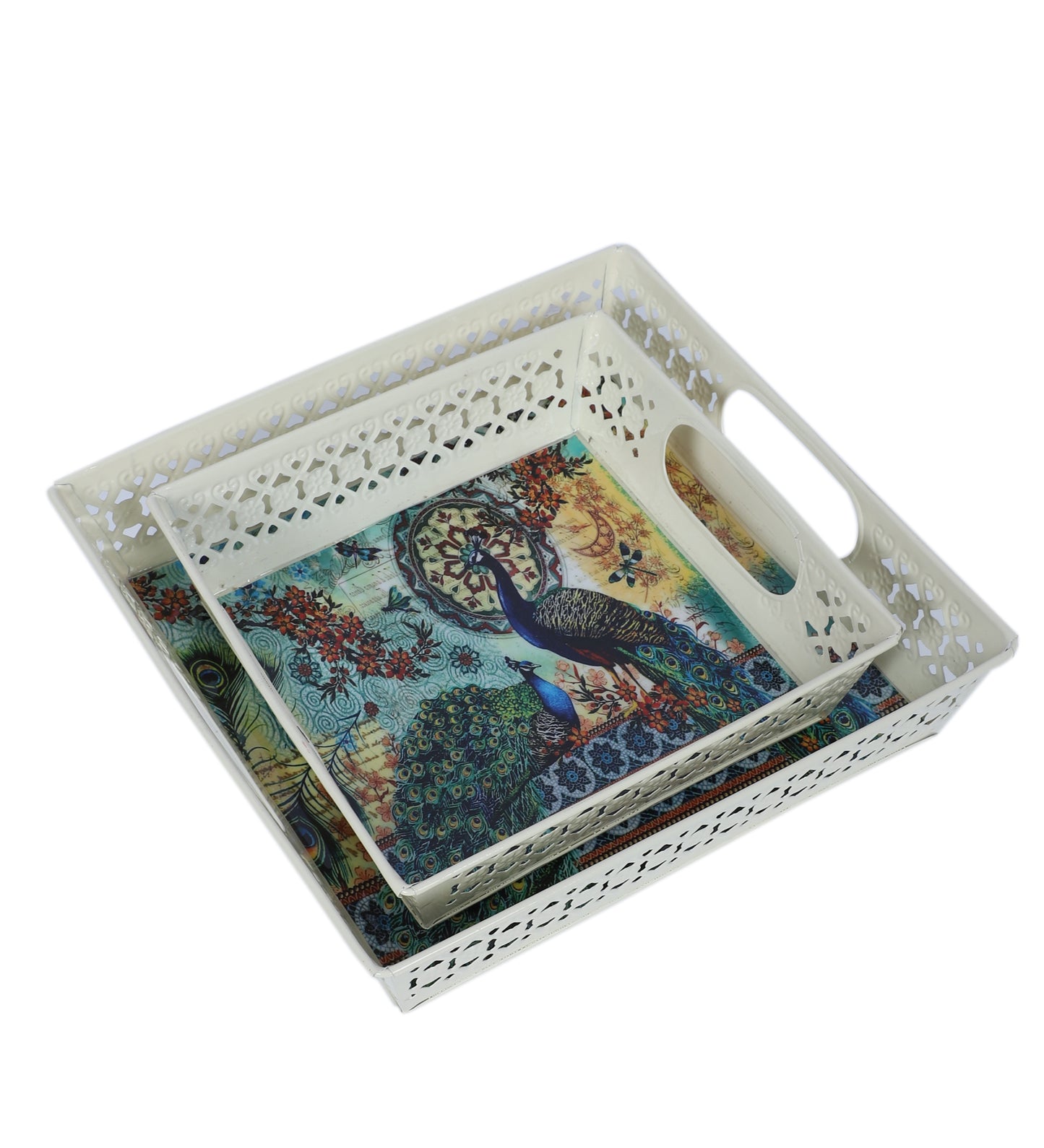 Multicolor Peacock White Tray Set  of 2