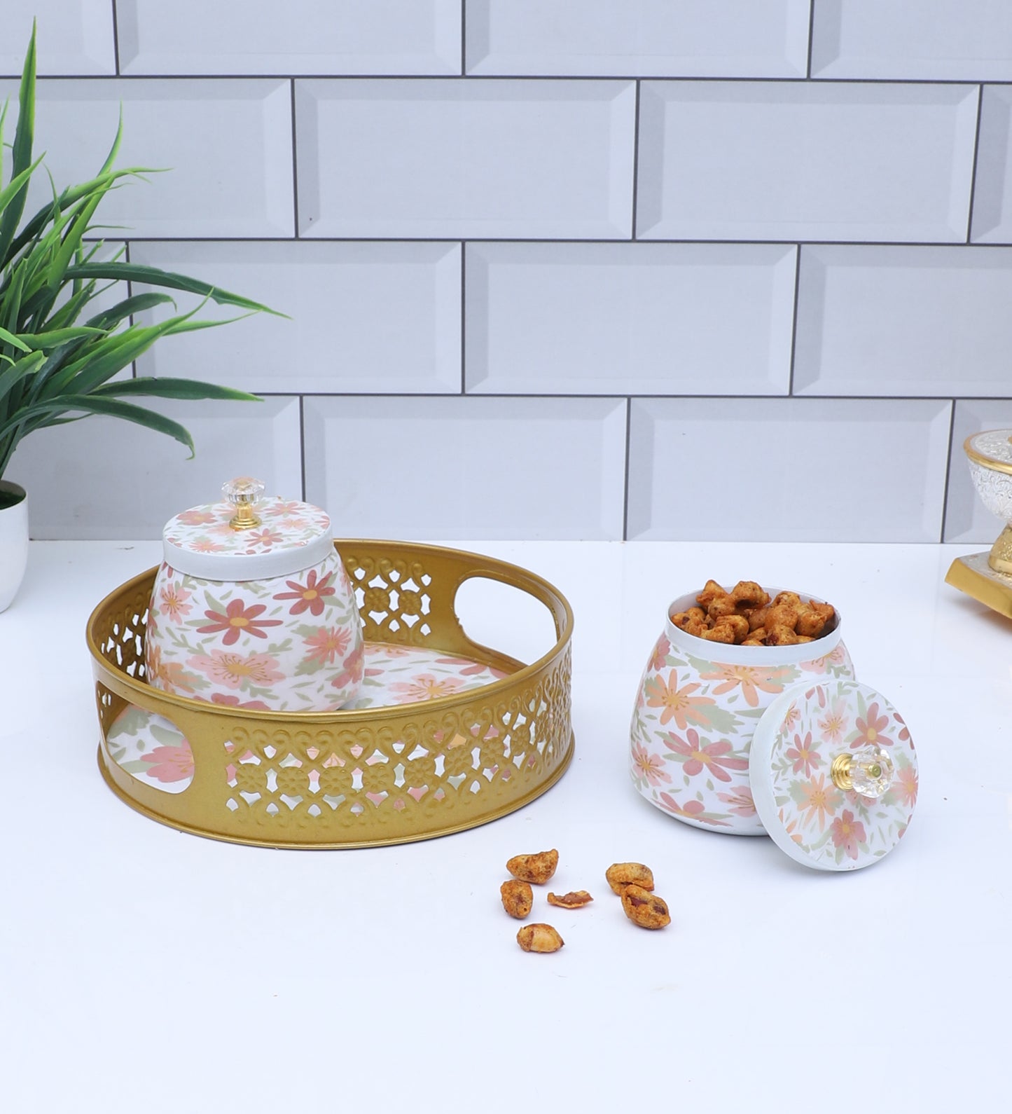 Multicolor FLowers Round Basket With Jar Set of 3