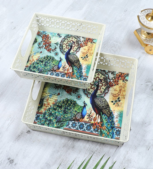 Multicolor Peacock White Tray Set  of 2
