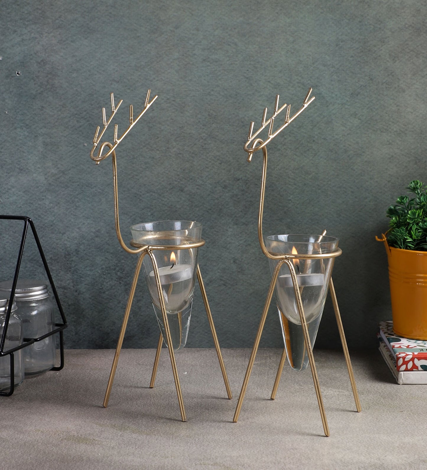 Gold Deer Cone Glass Tealight Holder Set of 2