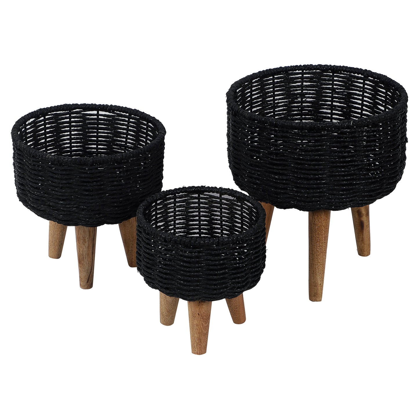 Jute & Metal Black Planter Set with Wooden Legs Set of 3