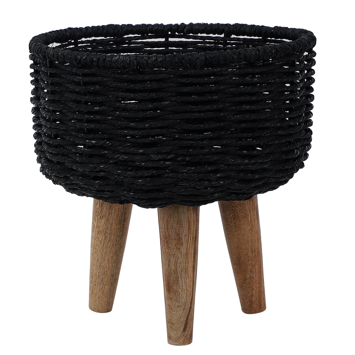 Jute & Metal Black Planter Set with Wooden Legs Set of 3