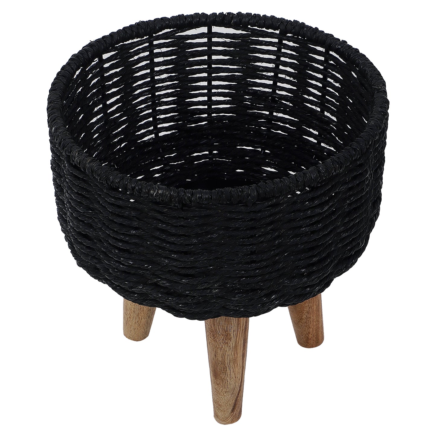 Jute & Metal Black Planter Set with Wooden Legs Set of 3