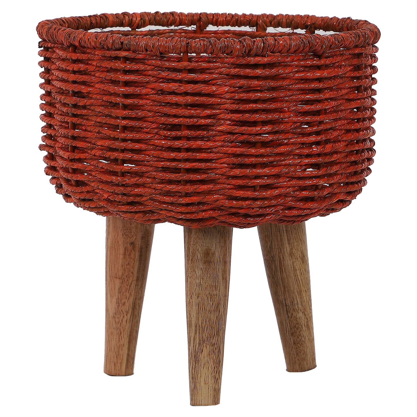 Jute & Metal Red Planter Set with Wooden Legs Set of 3