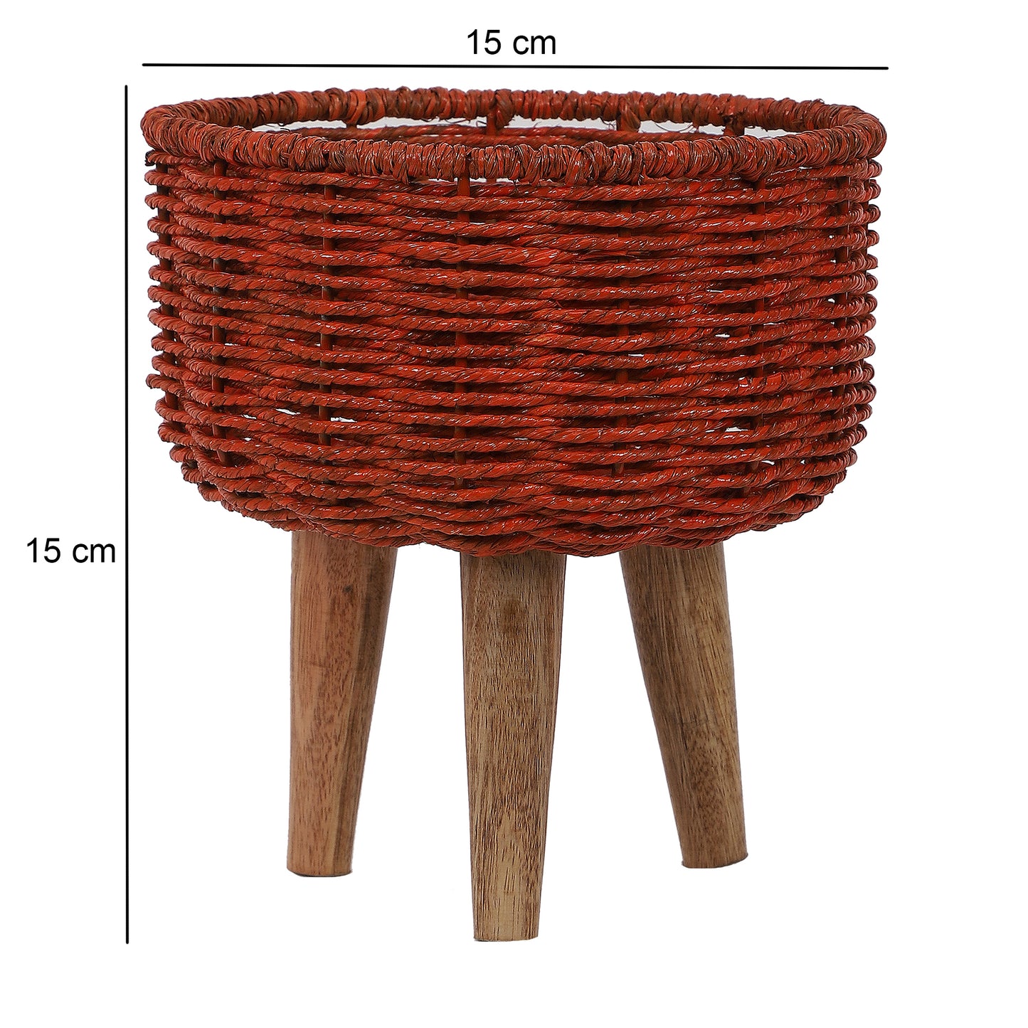 Jute & Metal Red Planter Set with Wooden Legs Set of 3
