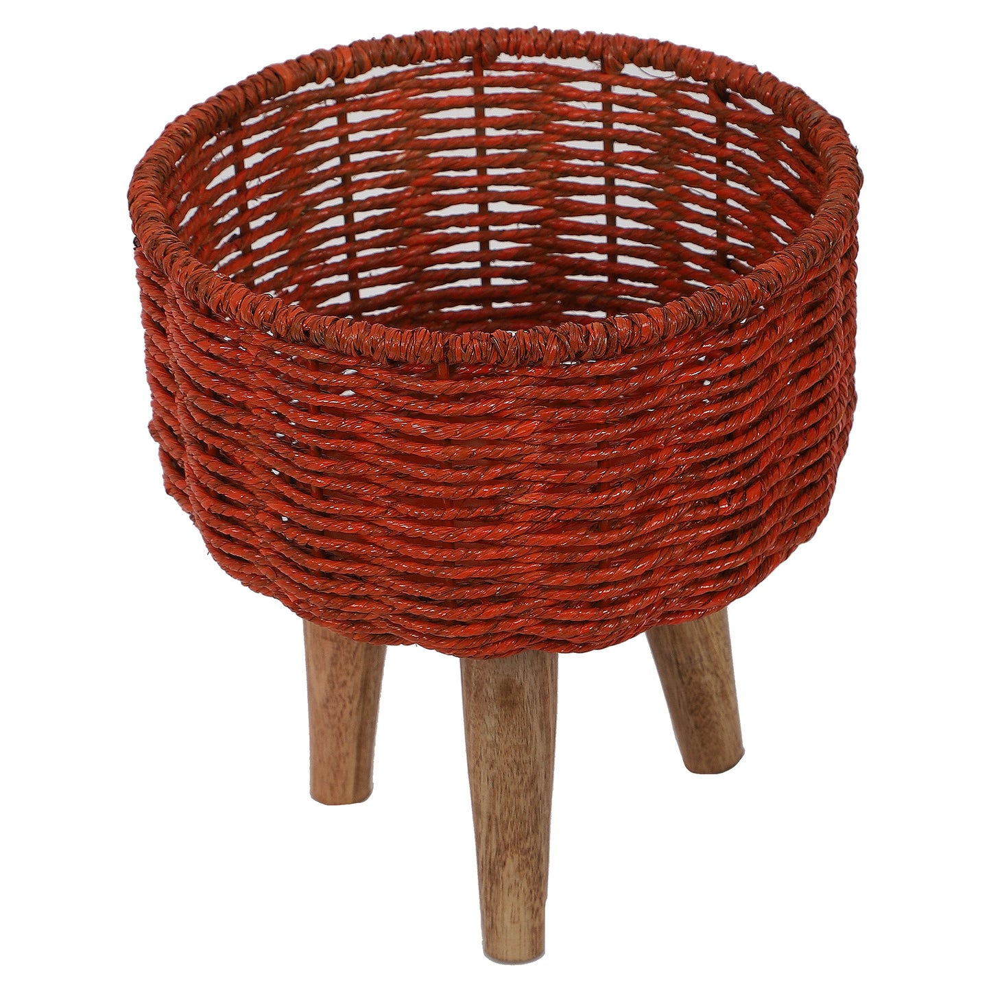 Jute & Metal Red Planter Set with Wooden Legs Set of 3