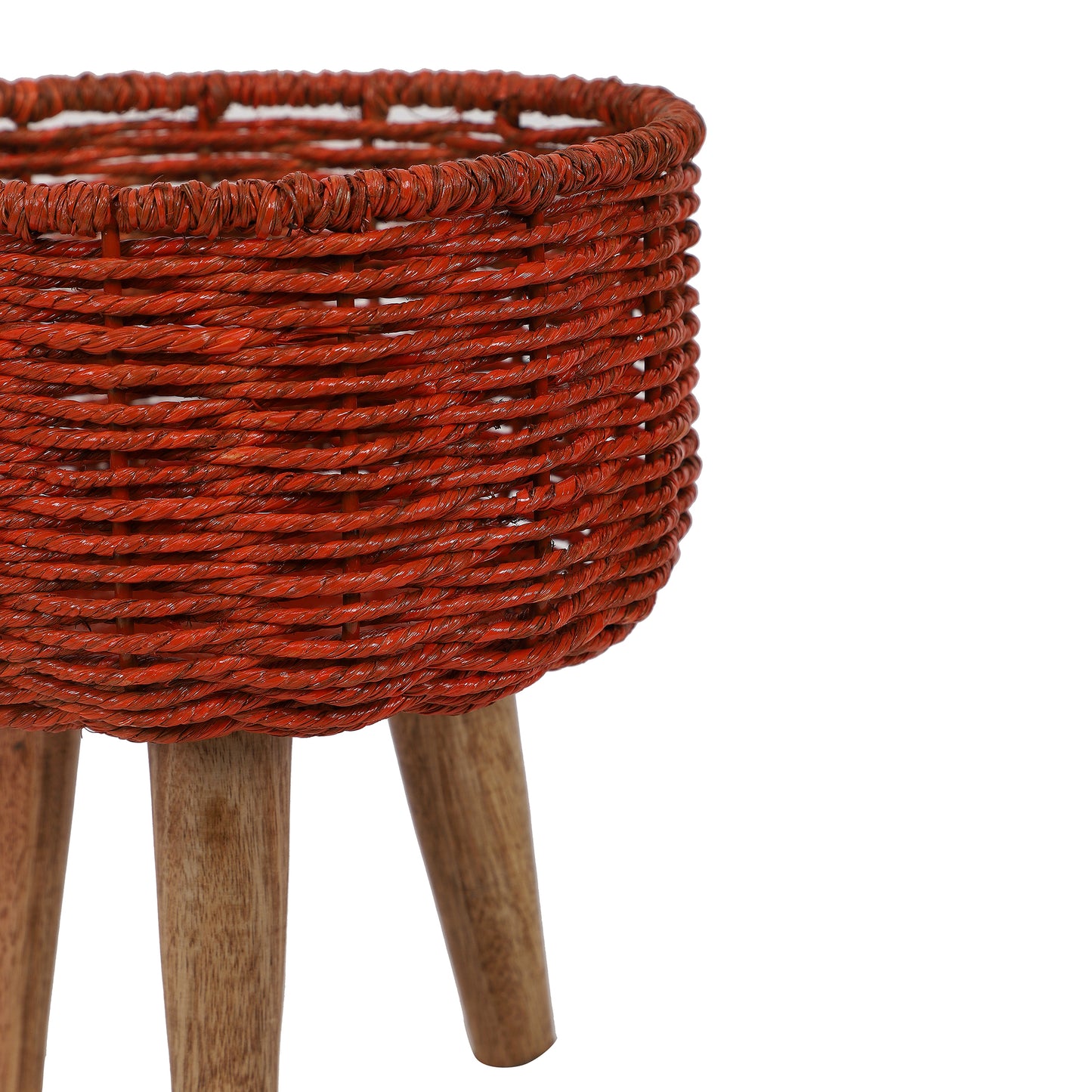 Jute & Metal Red Planter Set with Wooden Legs Set of 3