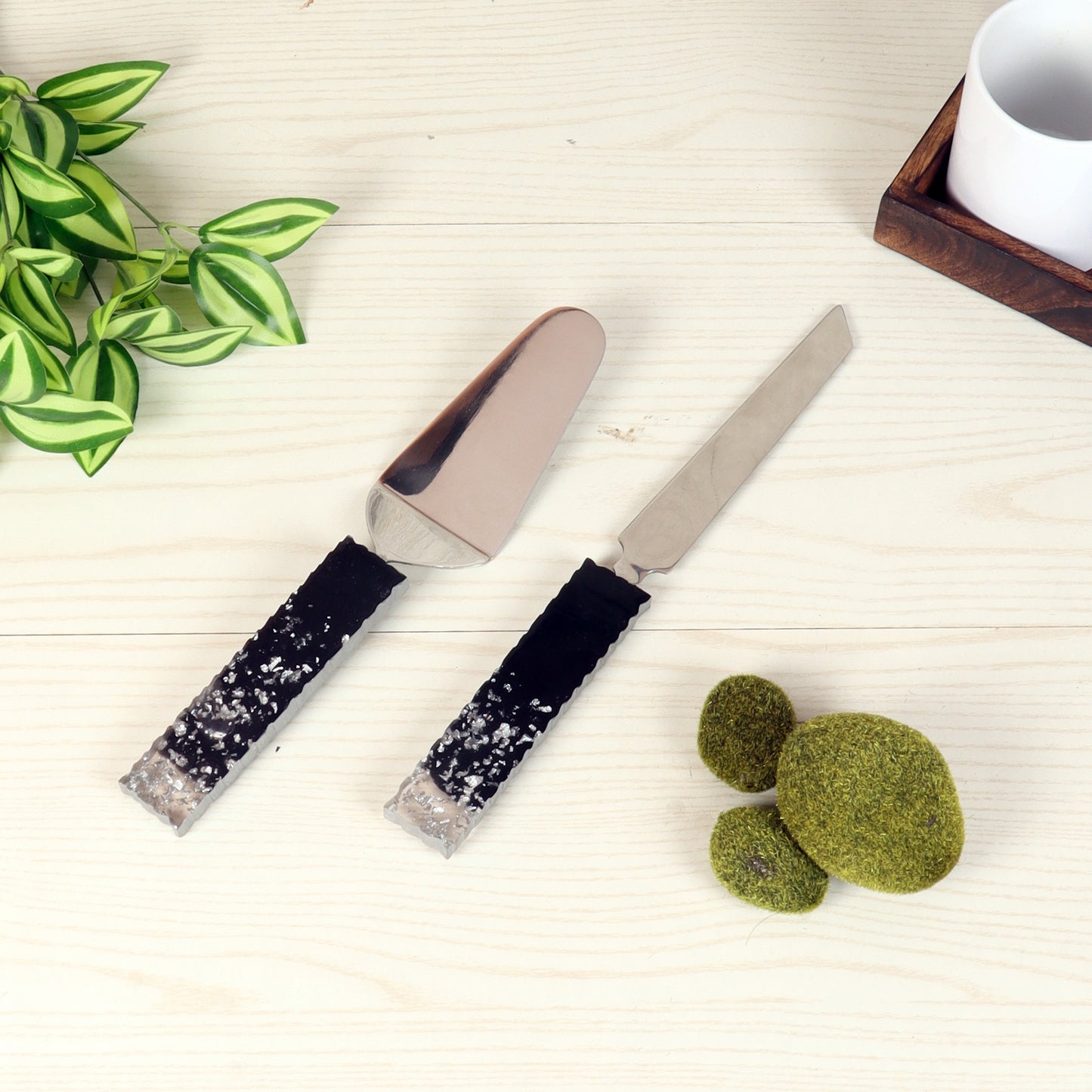 Black & Silver Cake Knife & Server Set of 2