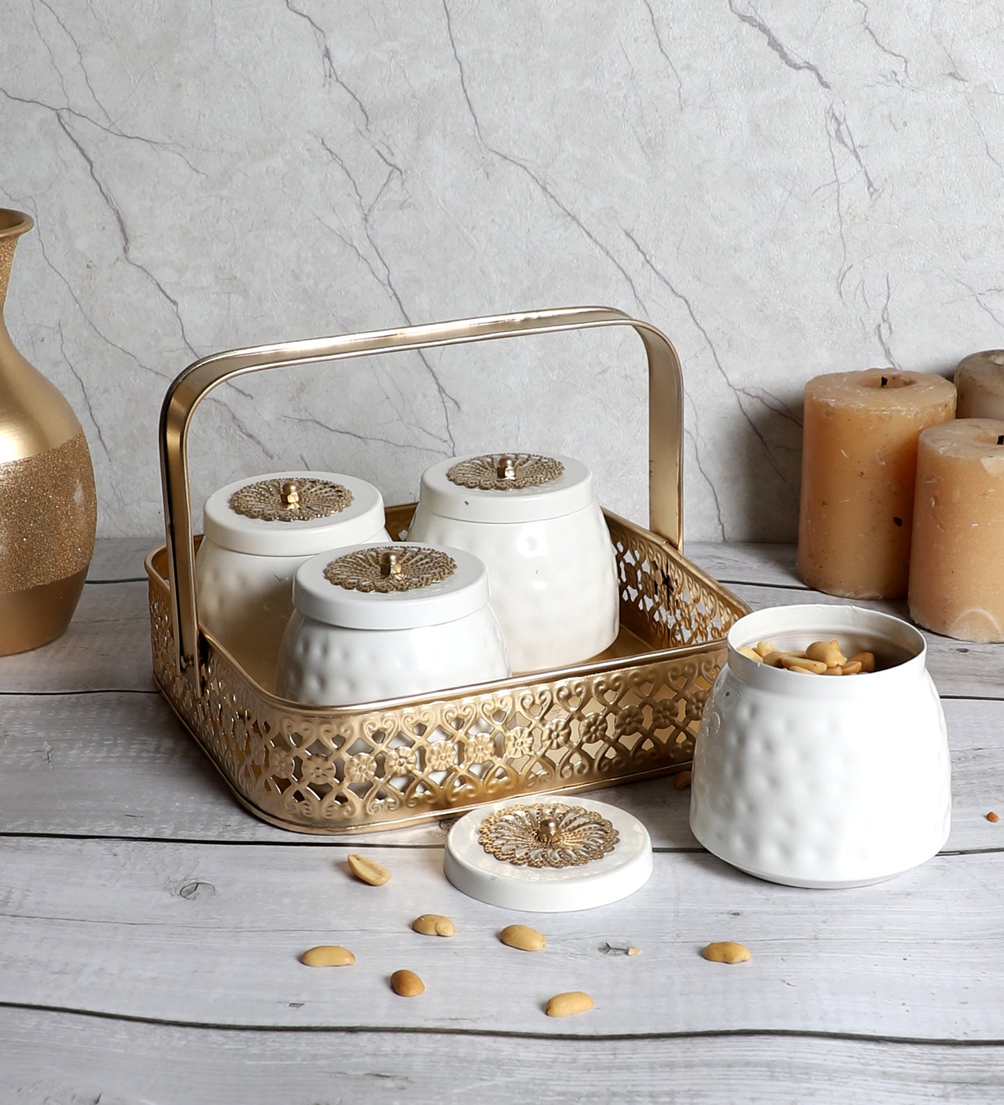 Metal Basket With White Jar Set of 5