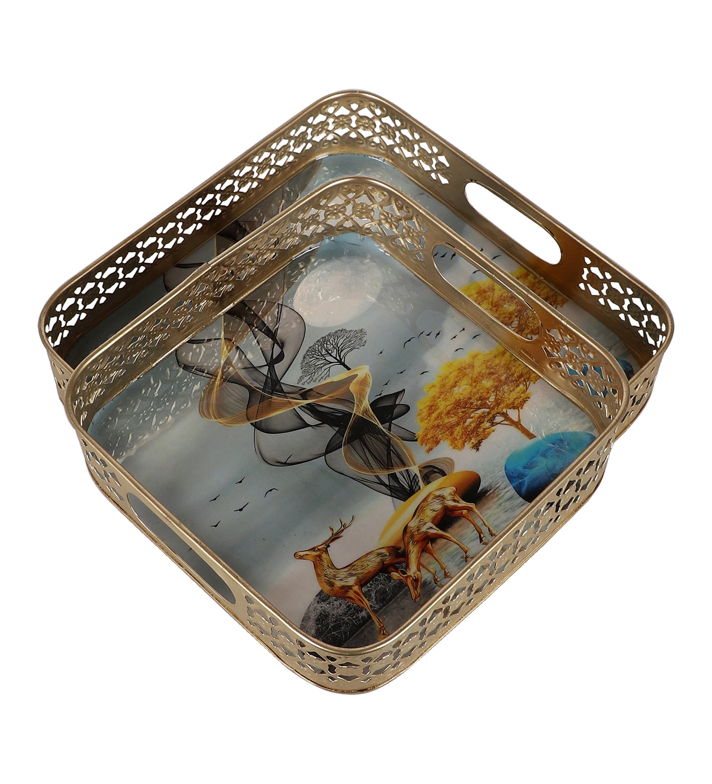 Square Gold Deer Tray Set of 2