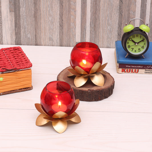 Small Glass Lotus  Red Set of 2