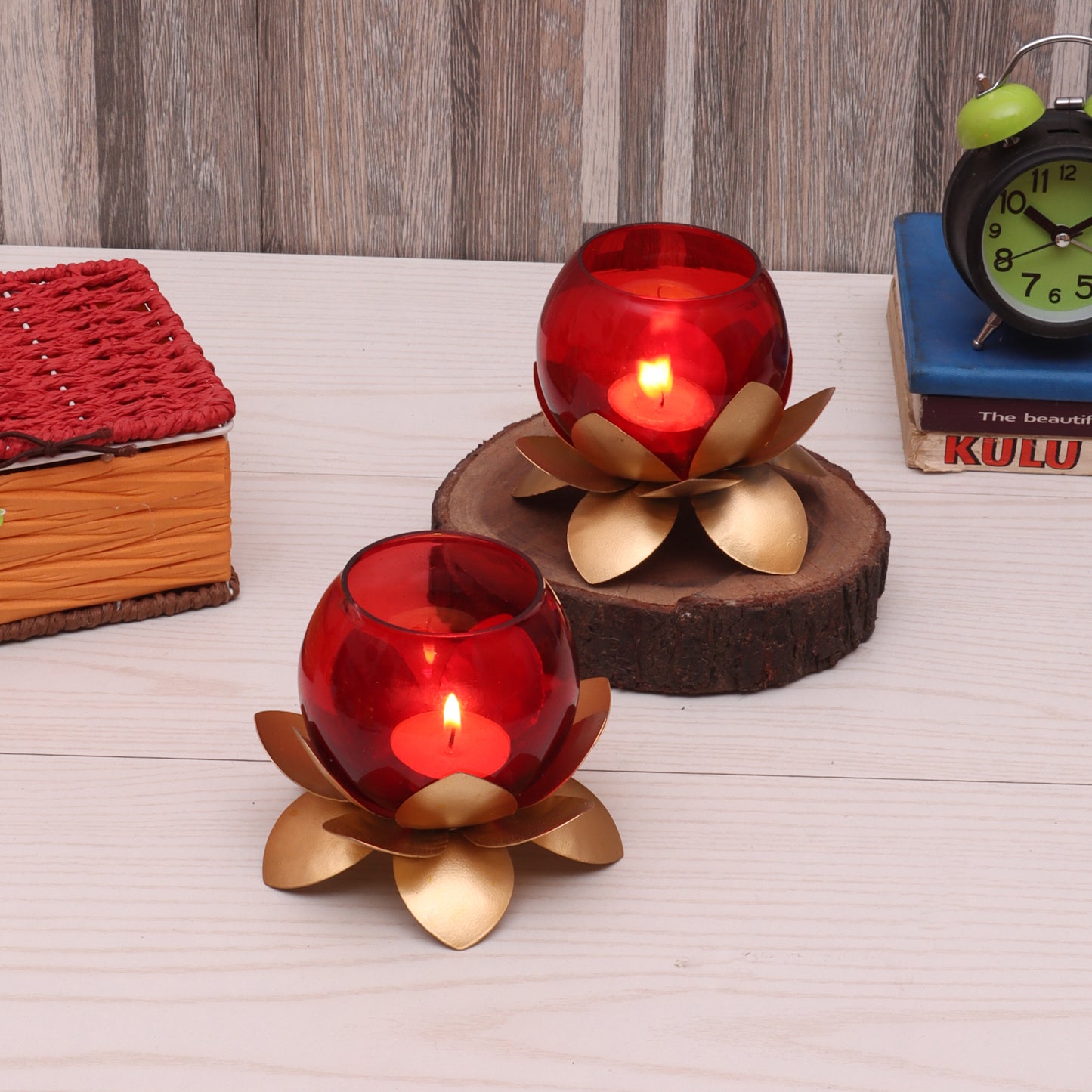 Small Glass Lotus  Red Set of 2