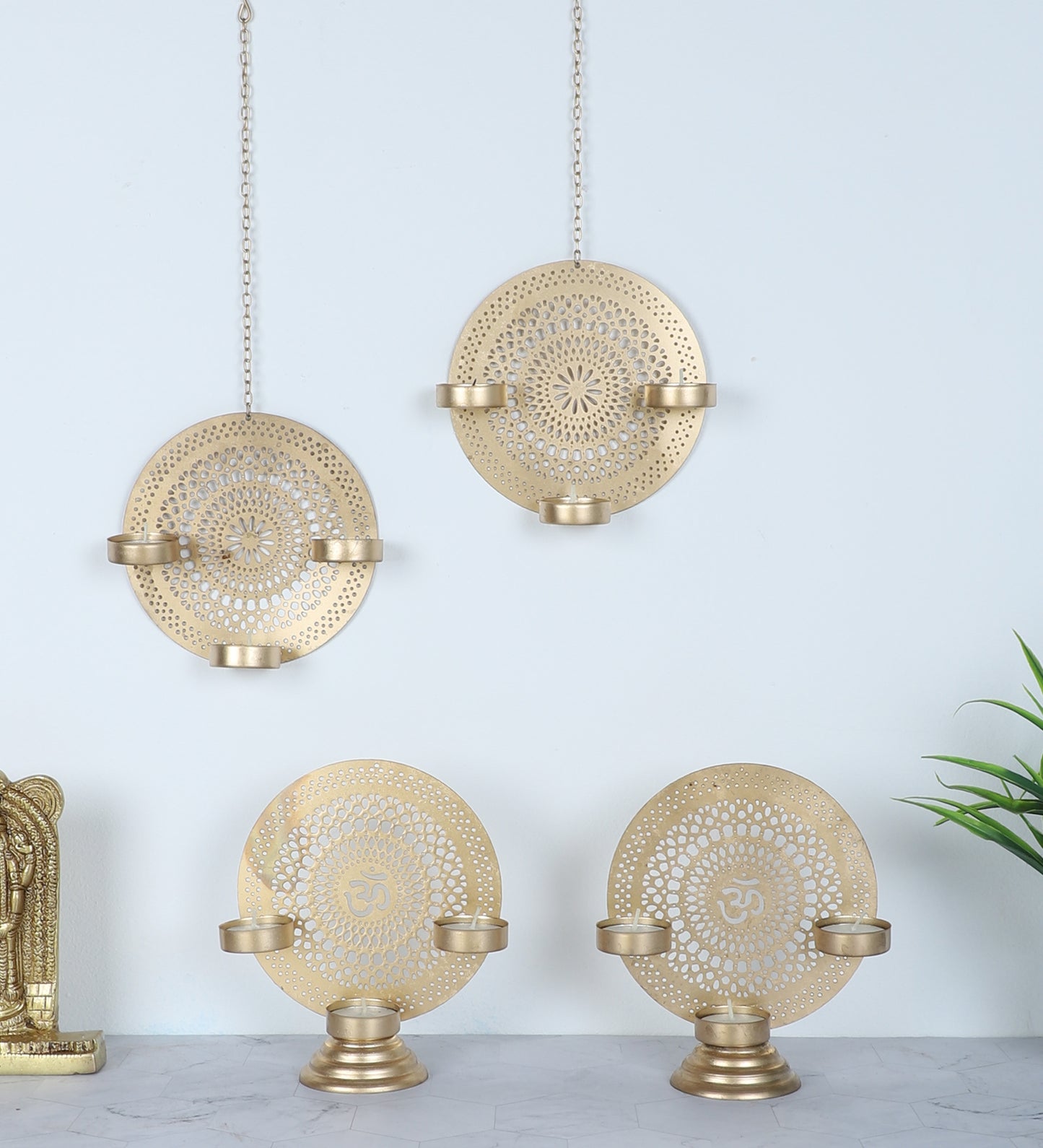 Om Etching Table & Hanging Tealight Holder Set of 4