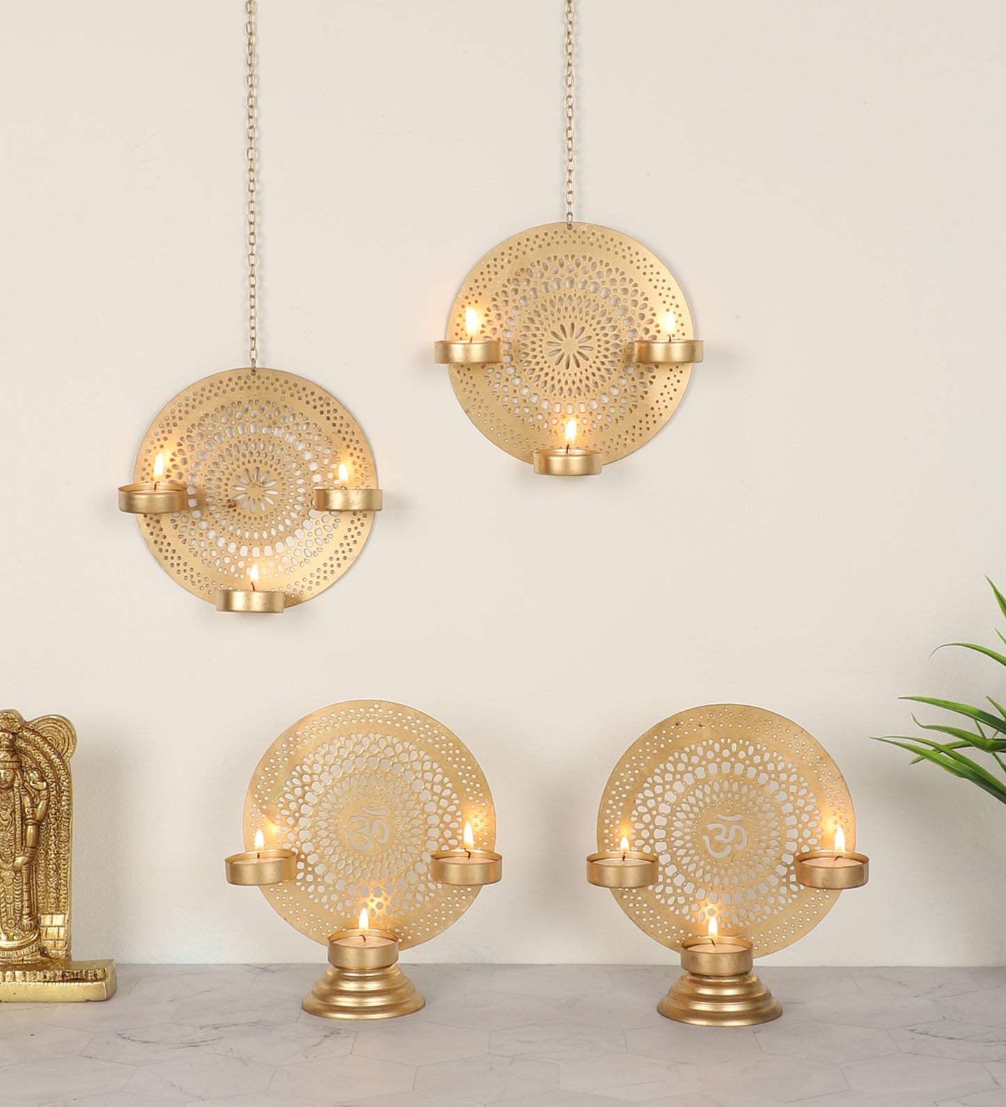 Om Etching Table & Hanging Tealight Holder Set of 4
