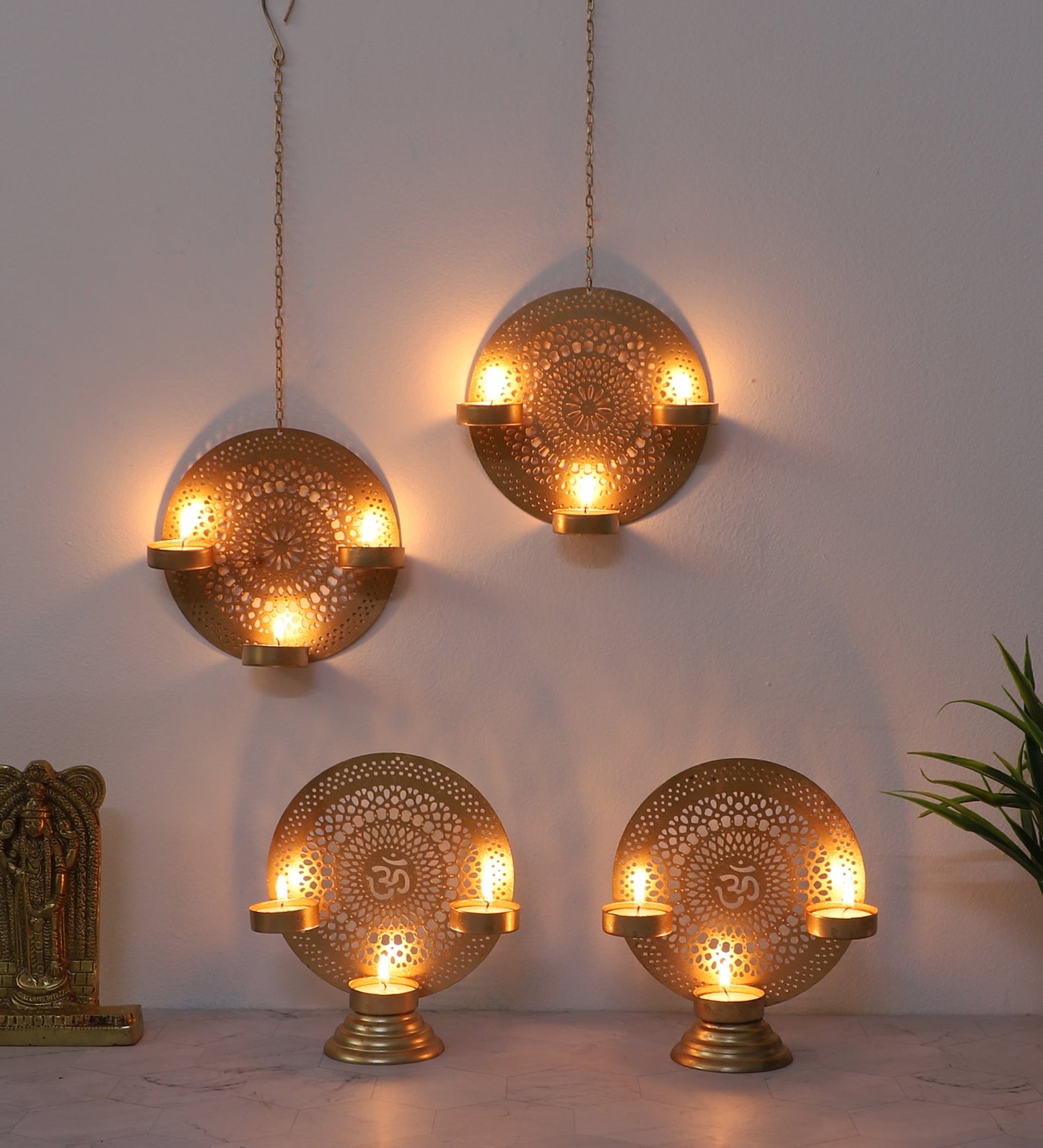 Om Etching Table & Hanging Tealight Holder Set of 4