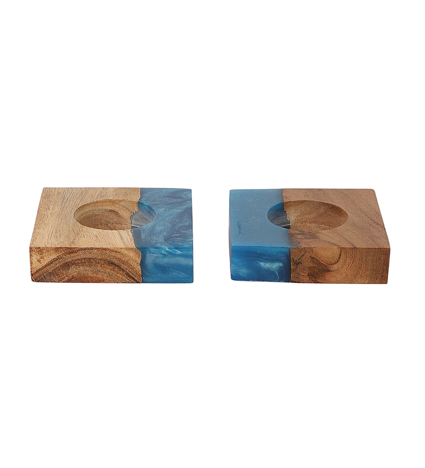 Blue Resin & Mangowood Tealight Holder Set of 2